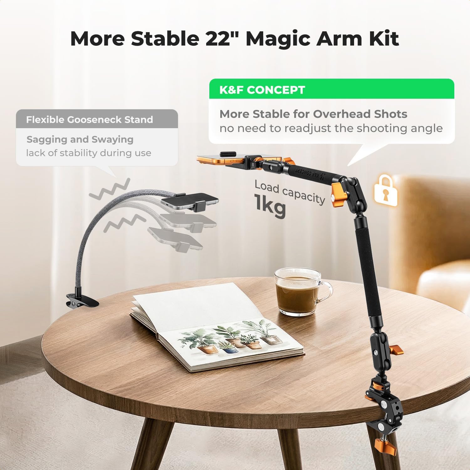 Thumbnail 1 de K&F CONCEPT 22" Magic Arm Clamp overhead desk camera mount with action camera adapter