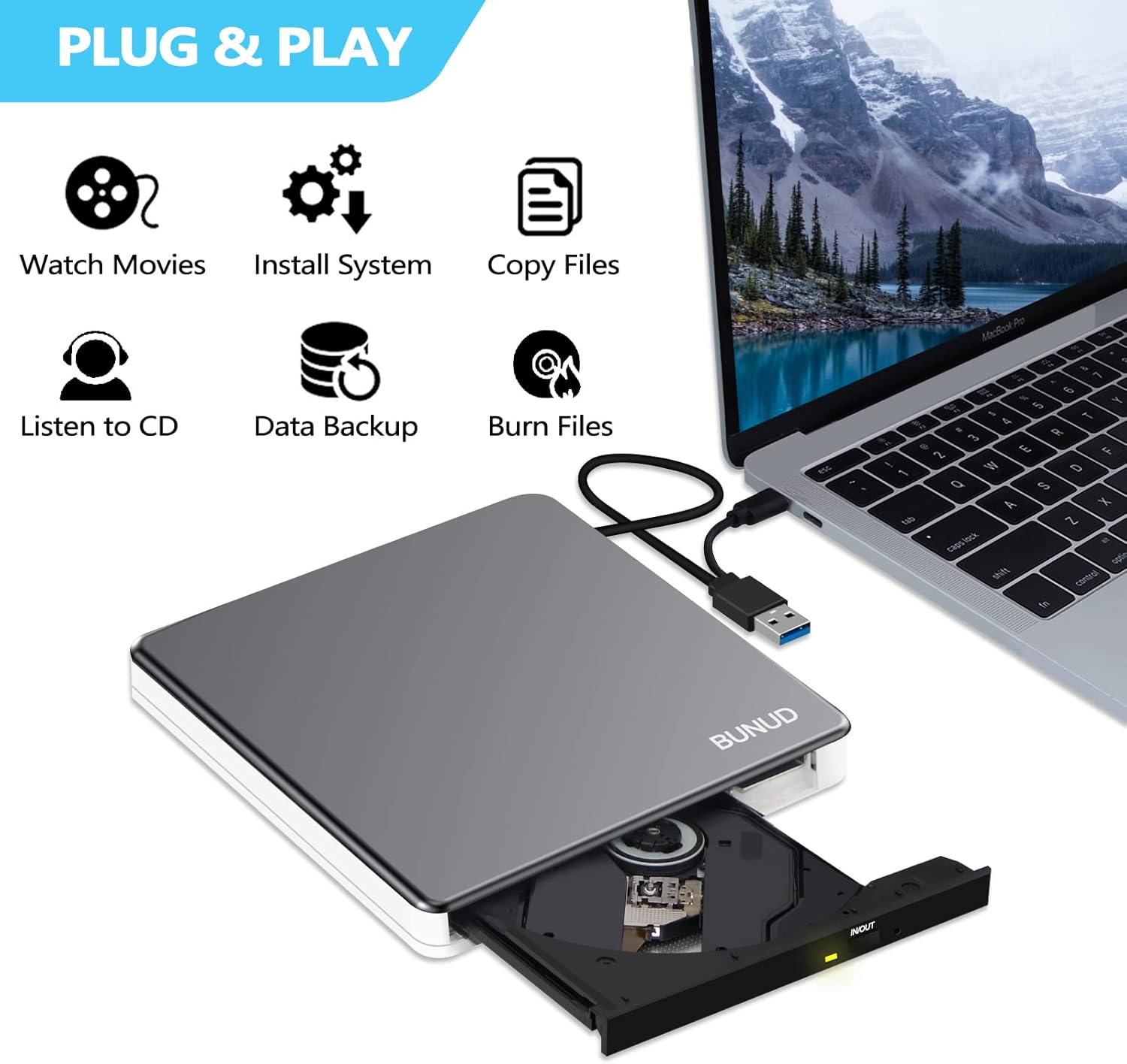 Detalle de BUNUD External CD DVD Drive USB 3.0 Type-C