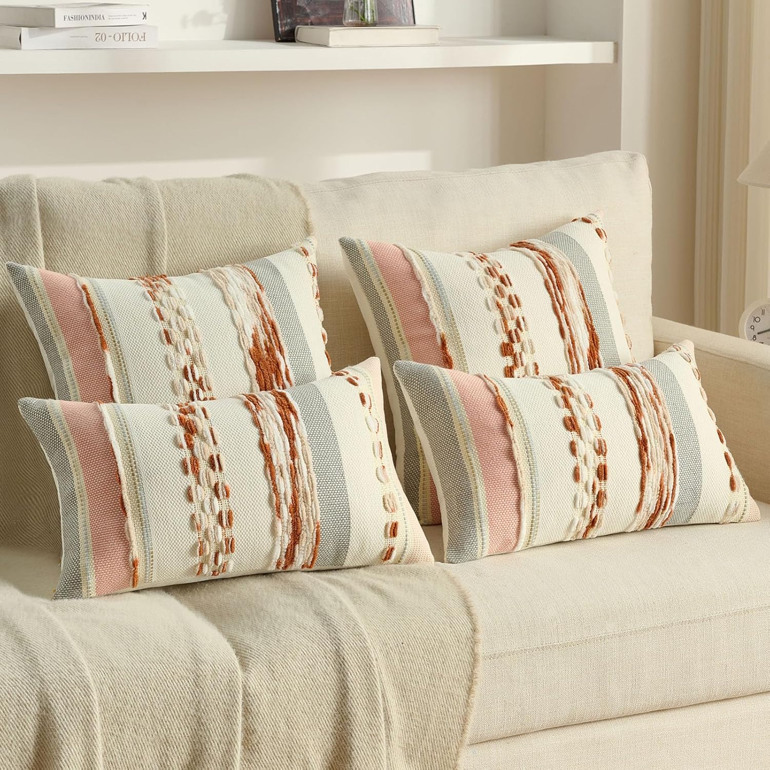 Detalle de Ystyle Lot de 2 Housses de Coussin Boho 30x50 – rayures texturées, daim chenille, lot 2
