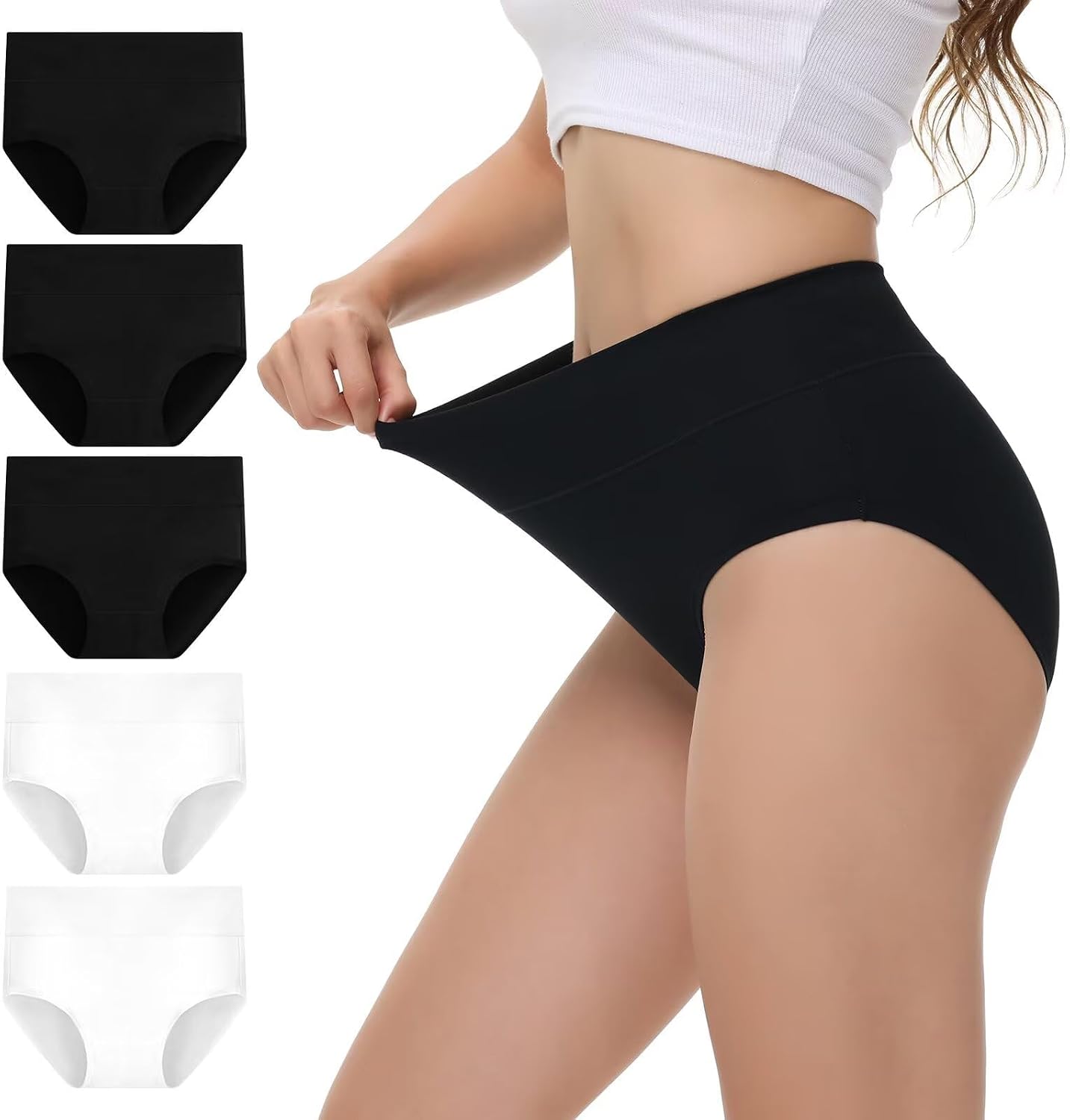 Detalle de NUOZA Damen-Unterhosen aus Baumwolle 5er Pack, Hohe Taille, Atmungsaktiv, Taillenslip