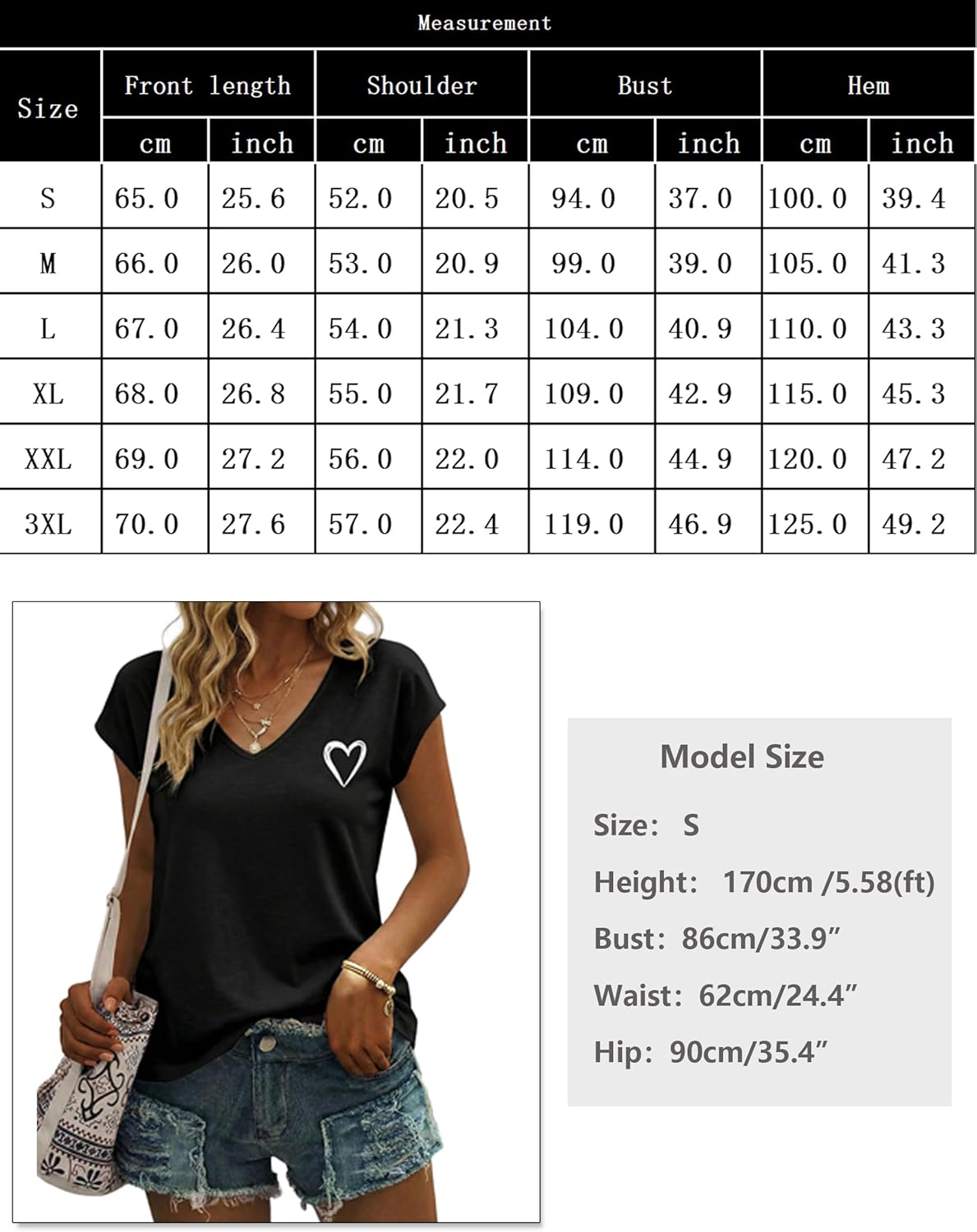 Thumbnail 5 de Gyabnw T-Shirt Femme Col V Chic – Imprimé Cœur, Manches Courtes, Fluide et Minimaliste