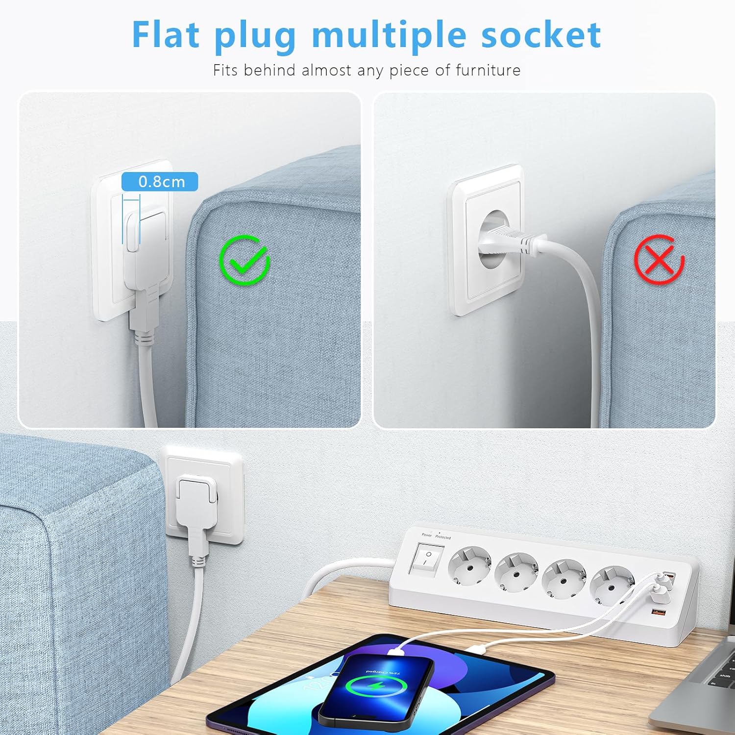 Detalle 2 de SUDEERY 8-in-1 Steckdosenleiste: 4-fach Ecksteckdose mit USB-C PD 20W und USB-A QC 18W
