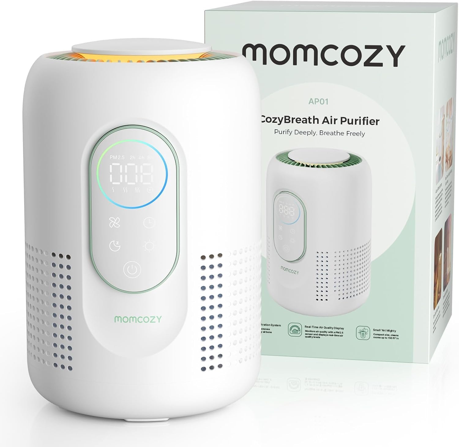 momcozy Purificatore d’aria per cameretta con HEPA H13 e carbone attivo, monitor PM2.5 in tempo reale e luce notturna dimmerabile