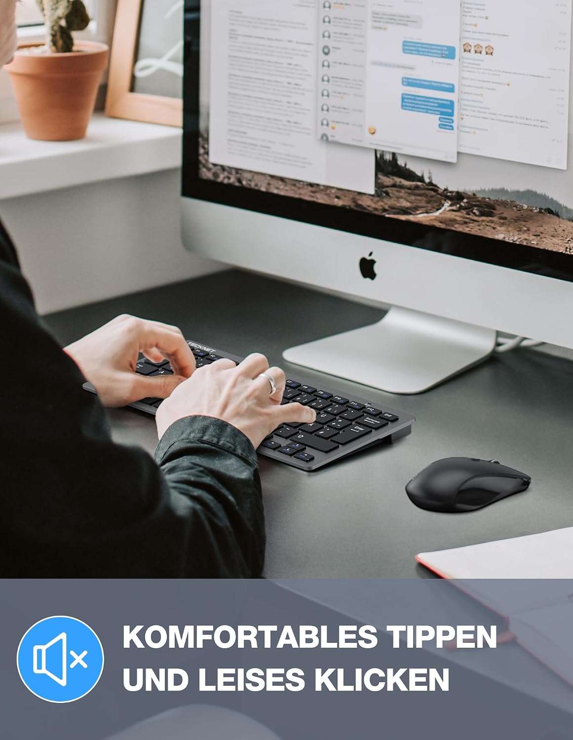 Detalle 2 de TECKNET Kabelloses Tastatur-Maus-Set (Deutsch QWERTZ), 2,4 GHz, 15 m Reichweite, Leise Mini-Keyboard mit Maus – Grau