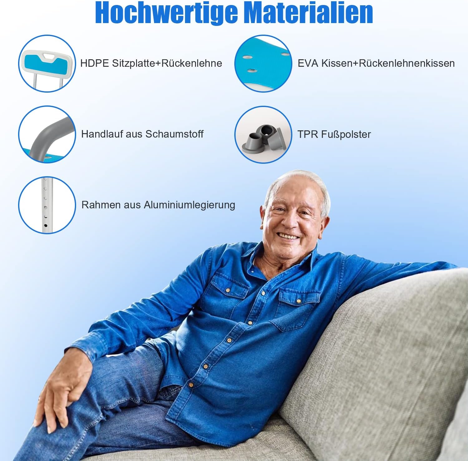 Detalle de Sonnewelt Sgabello da doccia: sedia da doccia con braccioli rimovibili, altezza regolabile 37,5–50,5 cm