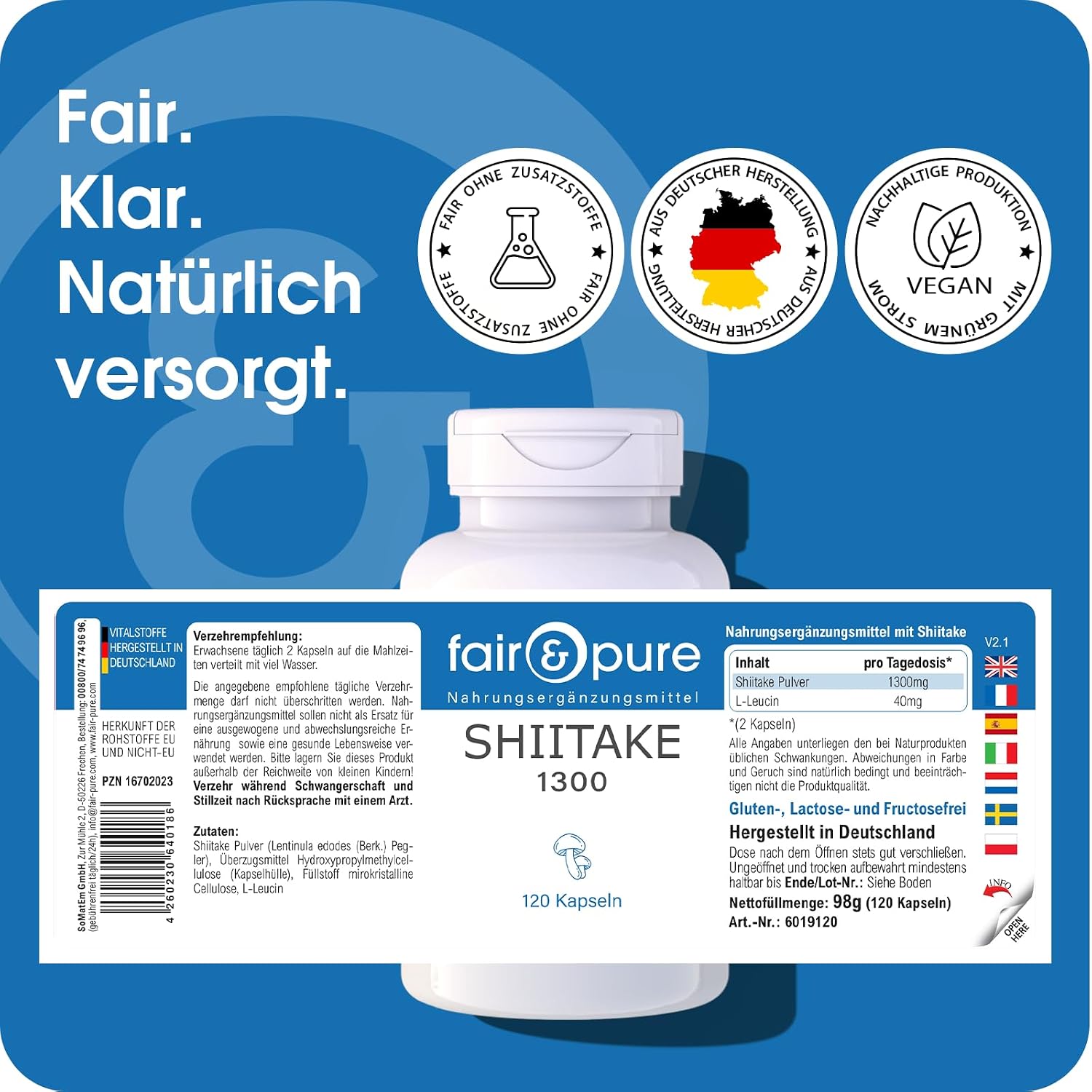 Detalle de Fair & Pure Shiitake 1300 mg pro Tagesdosis – Veganes Nahrungsergänzungsmittel, 120 Kapseln, hergestellt in Deutschland