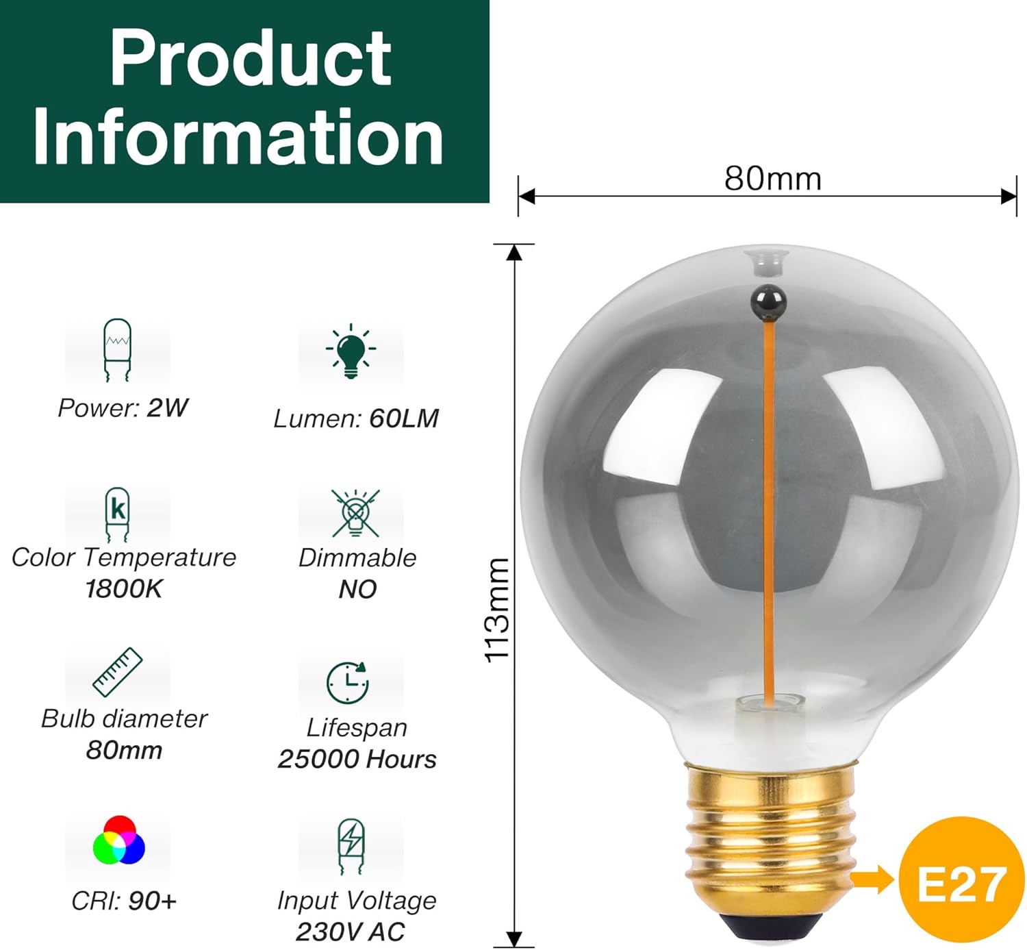 Detalle de DSLebeen E27 Edison LED Filament Bulb, G80 Vintage Smoke Glass 2W 60LM (3 Pack) 1800K Warm White