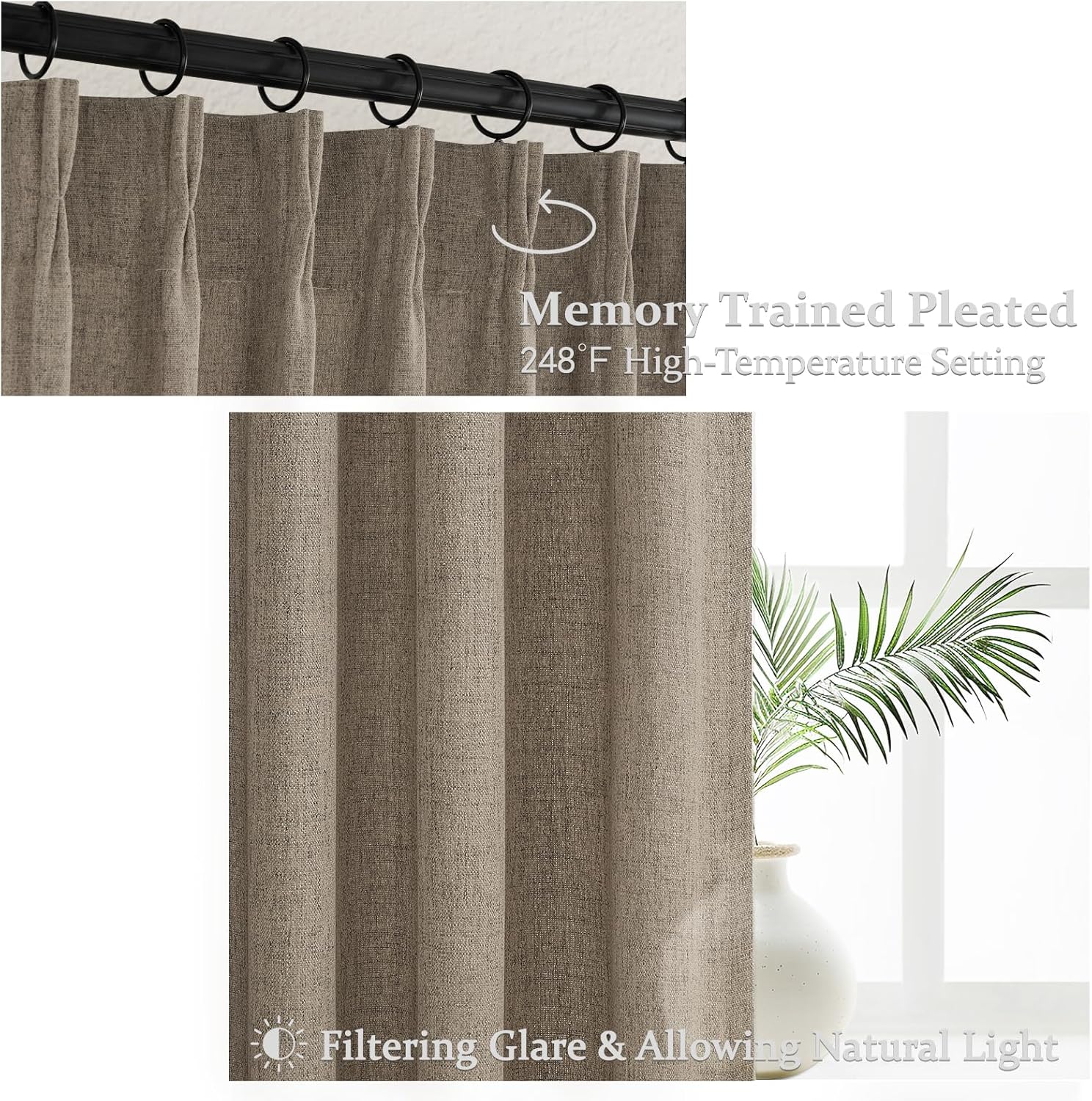 Detalle de Pinch Pleated Dark Flax Privacy Curtains: 105-Inch, 2 Panels, Light Filtering Linen Boho Elegance
