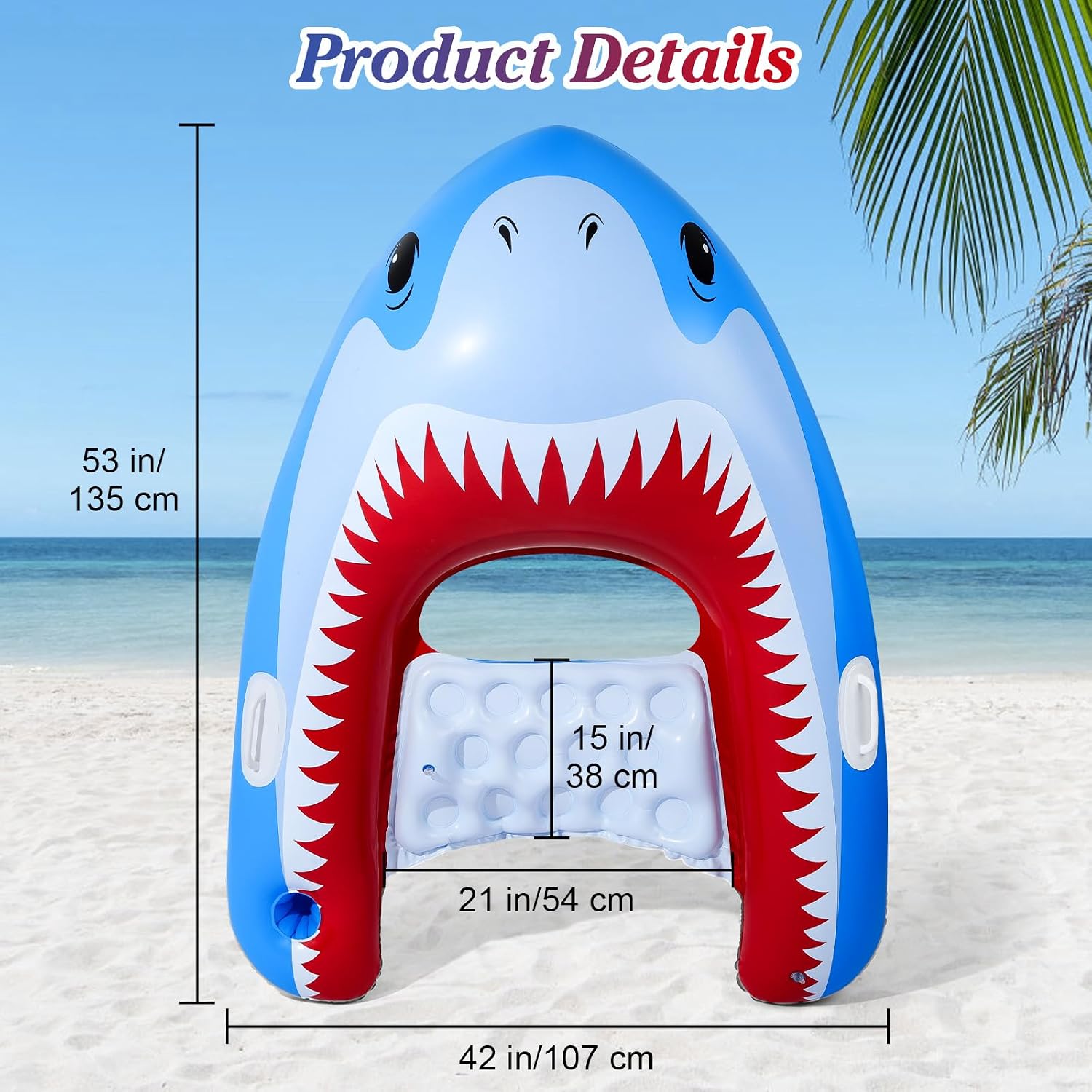 Detalle de HeySplash Inflatable Pool Floats: Shark-Shaped Tanning Lounger with Cup Holder (Extra Large)