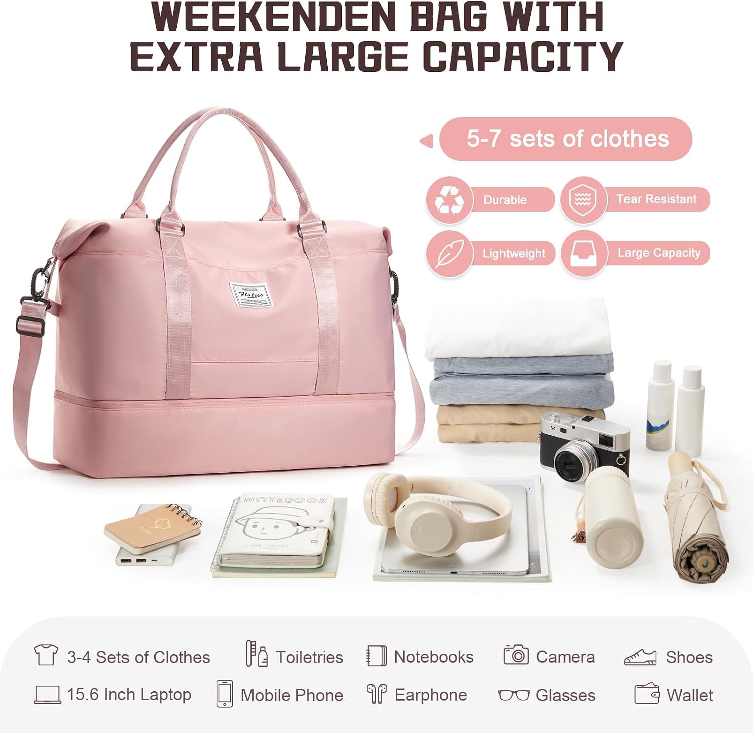 Thumbnail 2 de N3-Rosa Groß Reisetasche Damen Handgepäck Weekender Bag mit Schuhfach, Nassfach und Trolley-Hülle (50 l)