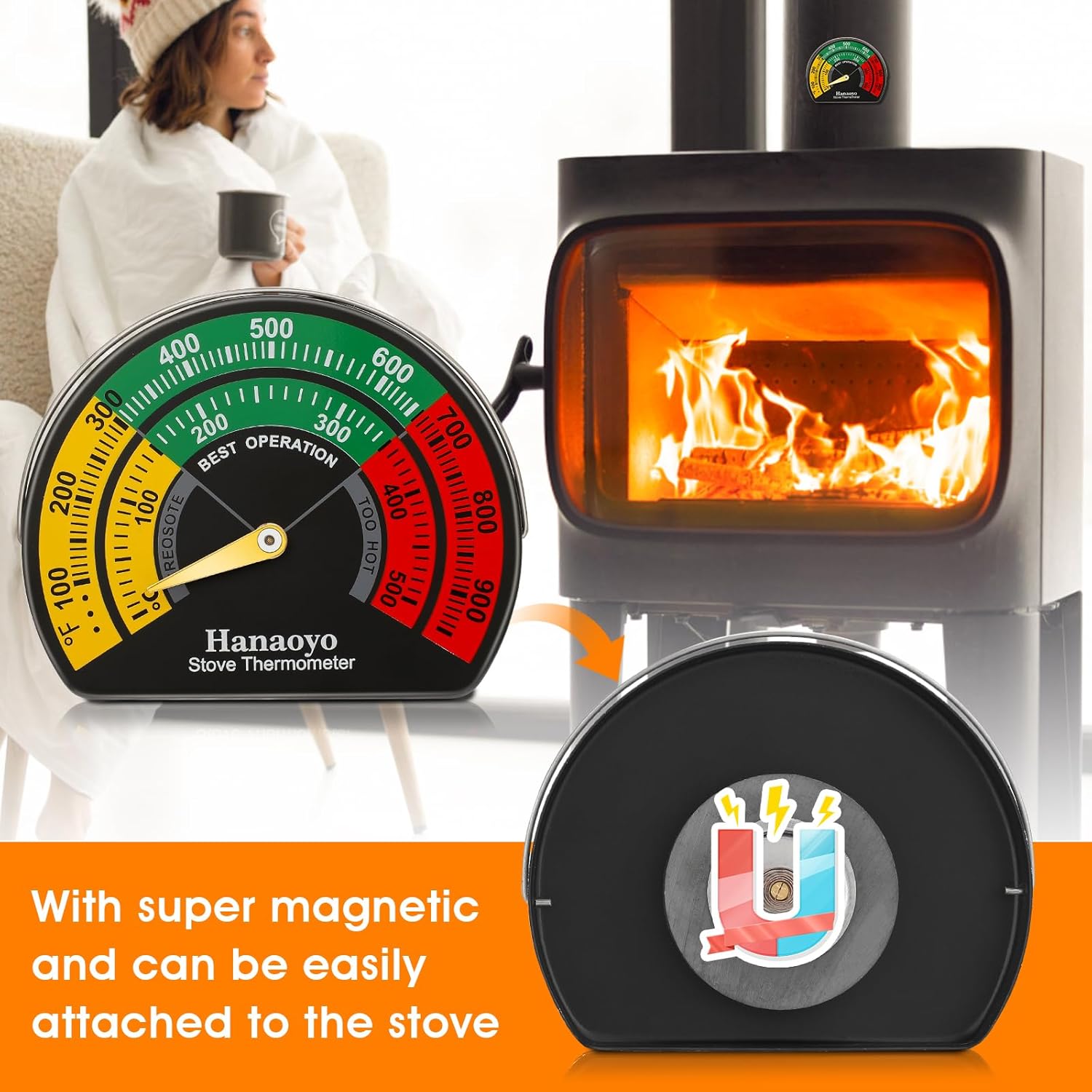 Detalle 2 de Hanaoyo Magnetic Log Burner Thermometer 1 PCS 🌡