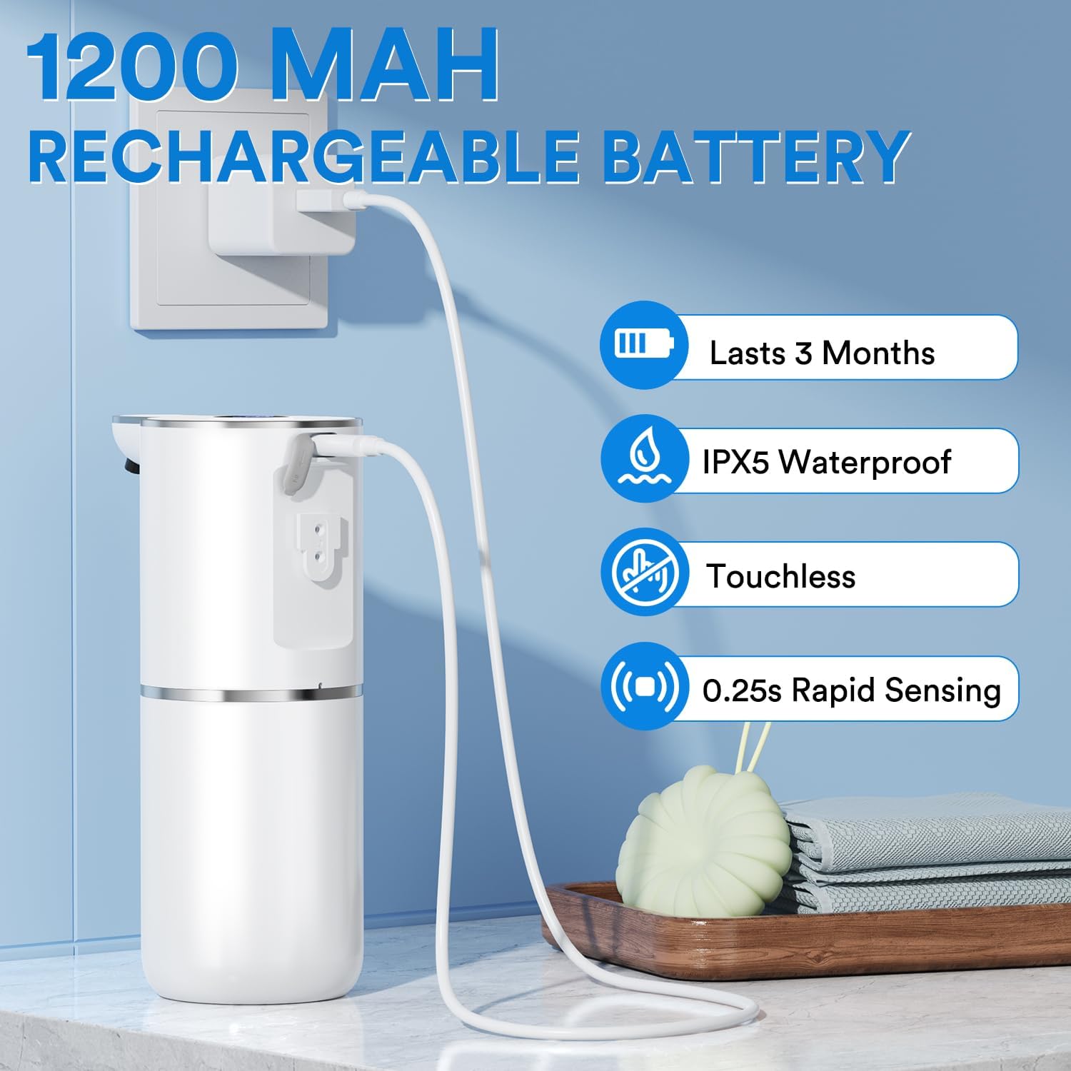 Thumbnail 5 de Automatischer Seifenspender mit digitaler Anzeige, 380 ml, berührungslos (Sensor), USB wiederaufladbar, IPX5 – Wandmontage