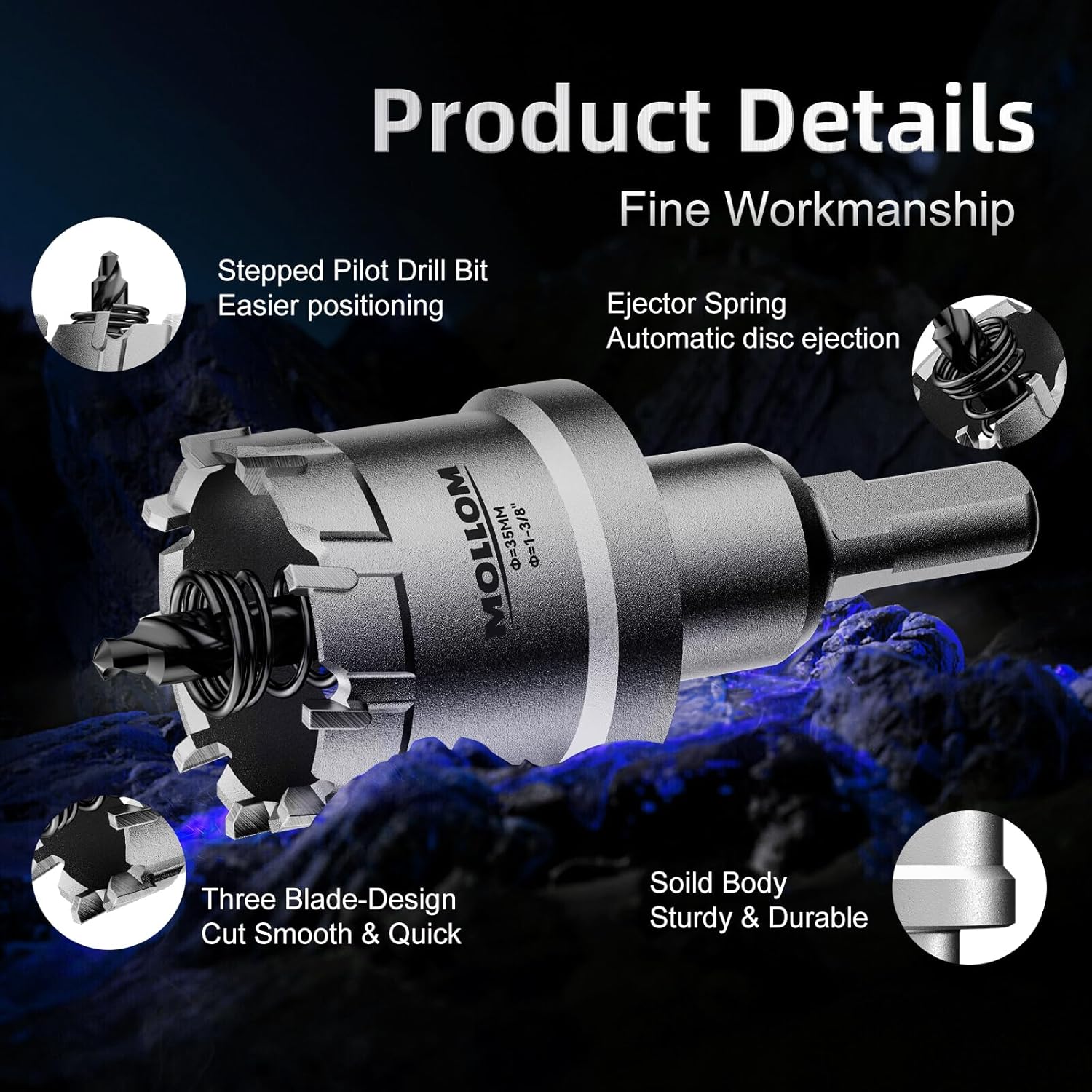 Thumbnail 2 de Mollom 4-23/32" (120mm) Heavy Duty Carbide Hole Saw with 2 Pilot Bits
