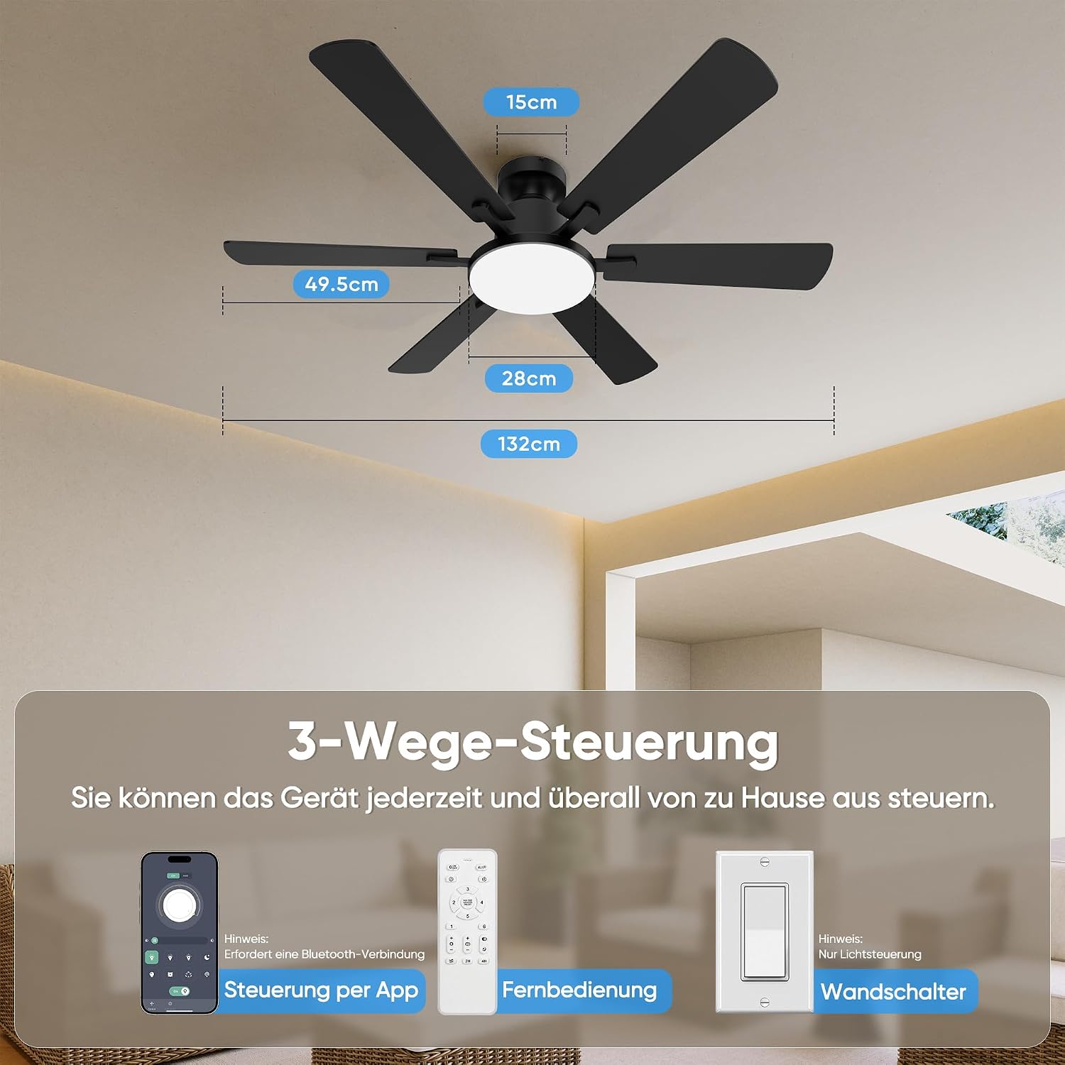 Thumbnail 6 de Deckenventilator mit Beleuchtung 132 cm – 6 Flügel, DC-Silentmotor, Fernbedienung