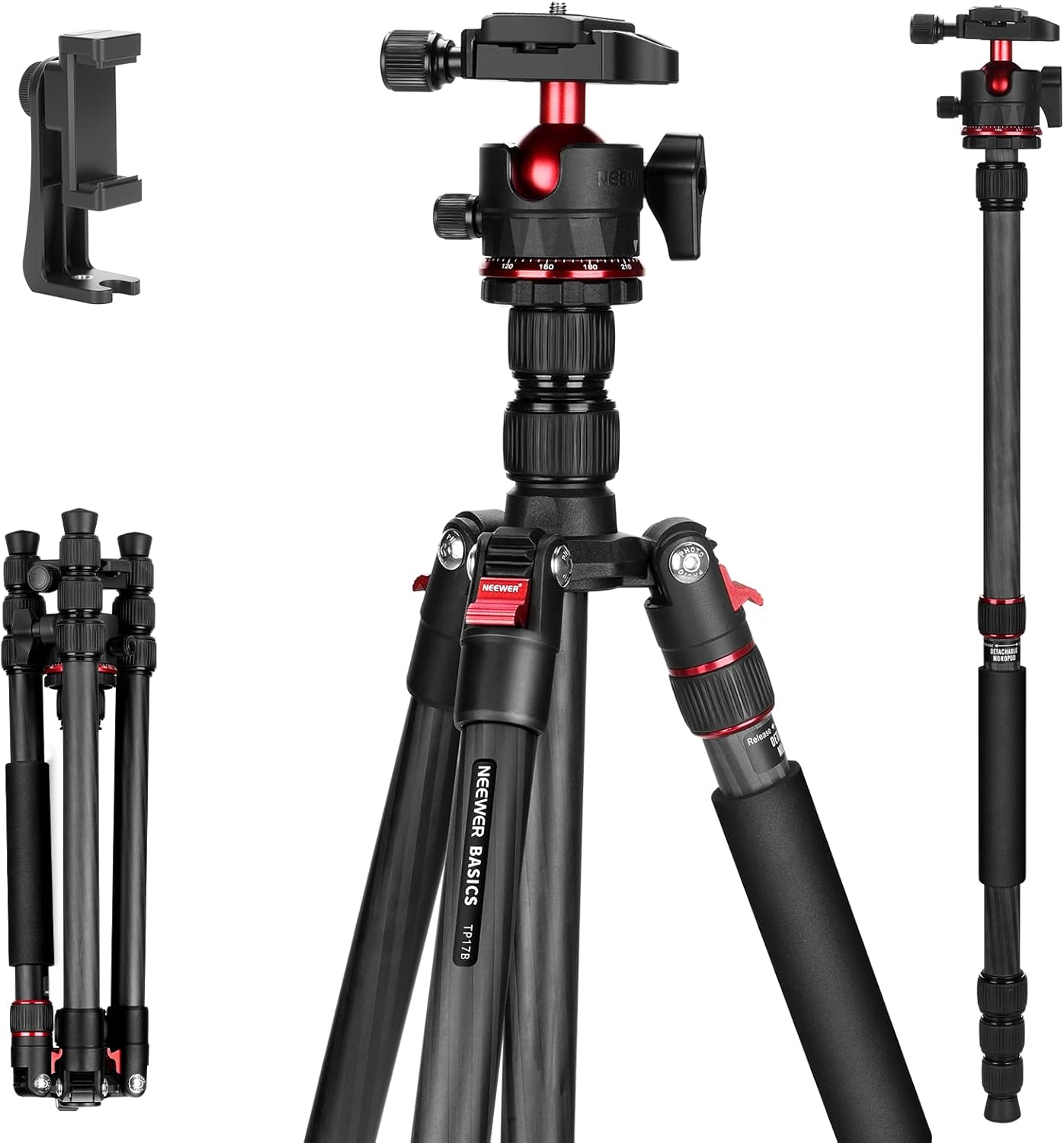 Detalle de NEEWER Basics Carbonfaser Reisestativ Einbeinstativ 64" – kompakt, leicht, kompatibel mit Smartphone und DSLR