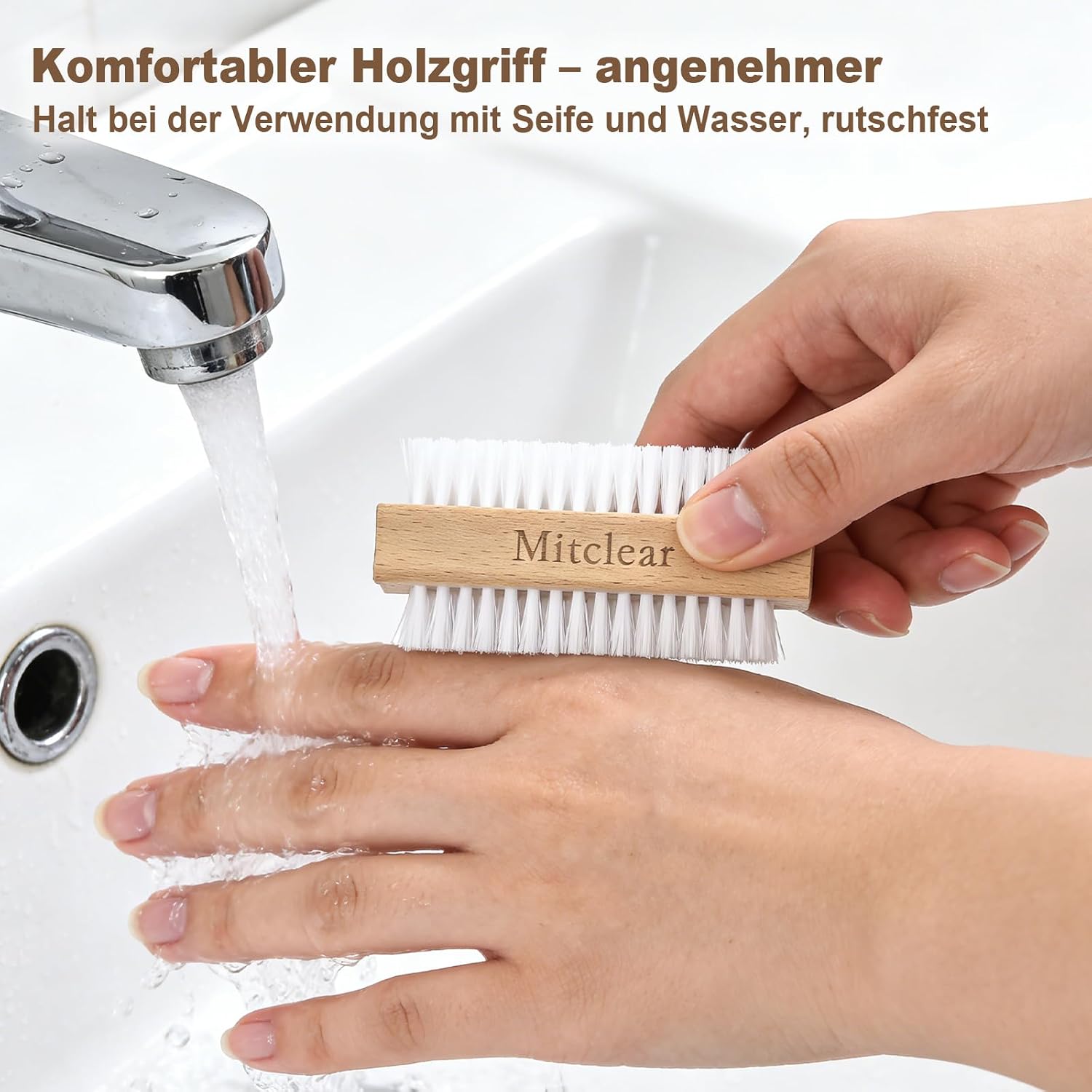 Detalle de Mitclear Nagelbürste Holz – 3er-Set, doppelseitig mit harten Borsten für Nägel, Hände und Füße