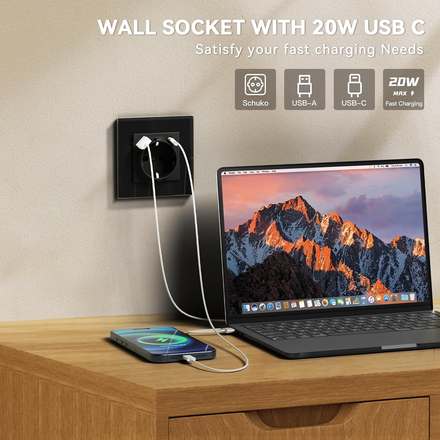 Detalle de BSEED Steckdose mit USB-C 20W – Unterputz-Wandsteckdose, Schwarz, 1-Fach