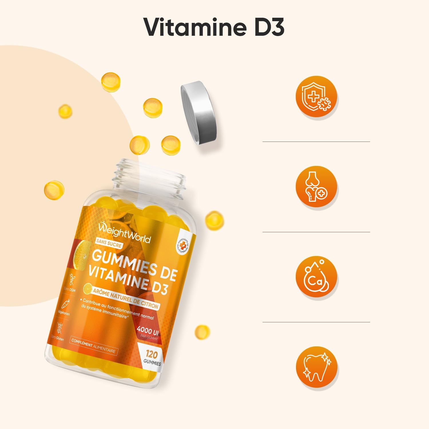Thumbnail 1 de WeightWorld Vitamine D3 4000 UI en gummies au citron – 120 gélifi és végétariens sans sucre