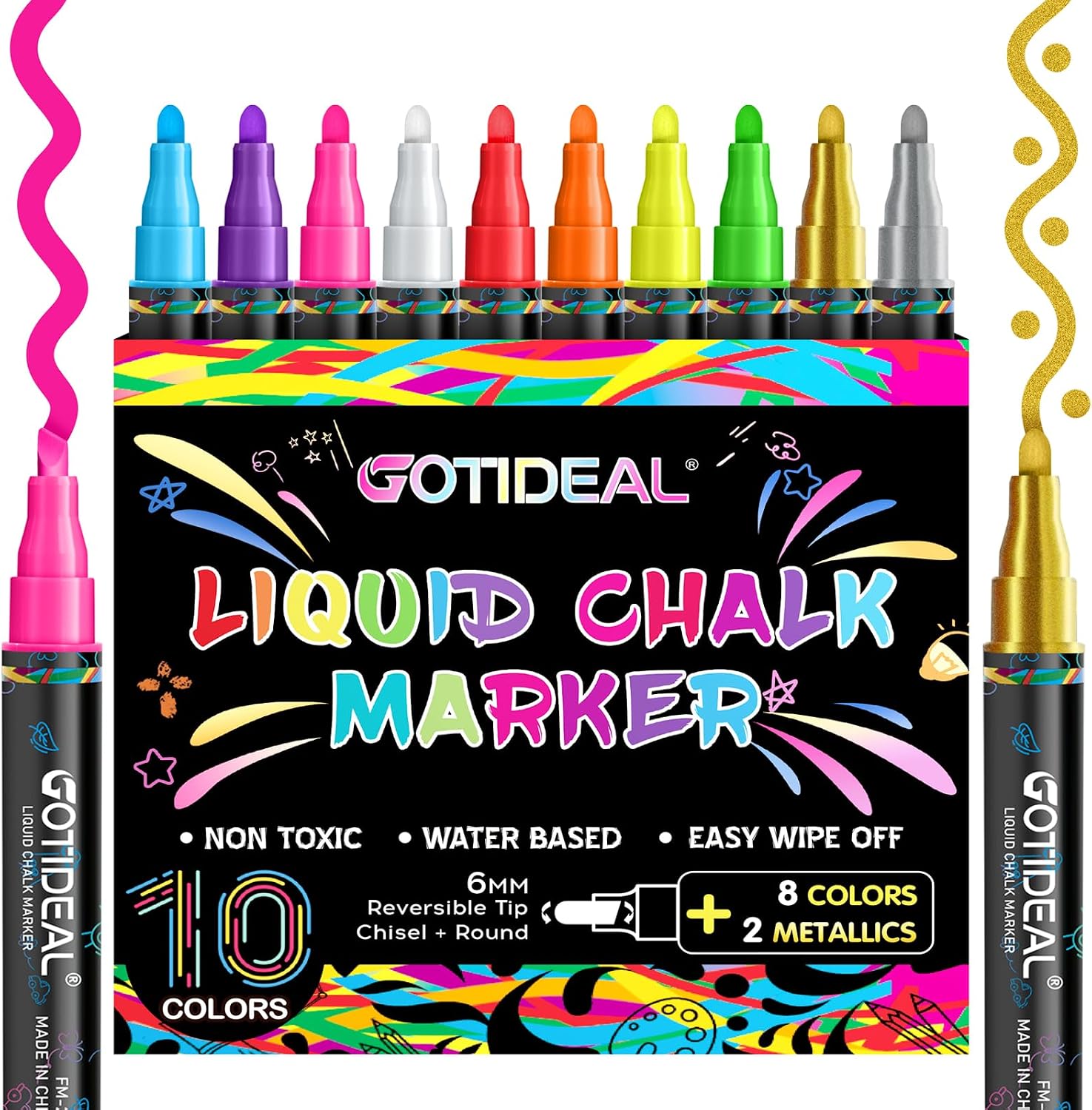 Detalle de GOTIDEAL Liquid Chalk Markers, 10 Colors, 6 mm Reversible Tips