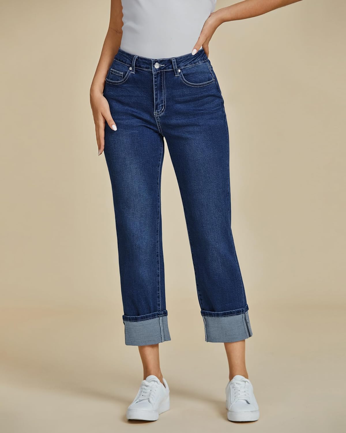 Thumbnail 2 de luvamia Straight Leg Jeans for Women – Cropped High-Waisted with Cuffed Hem and Stretchy Comfort