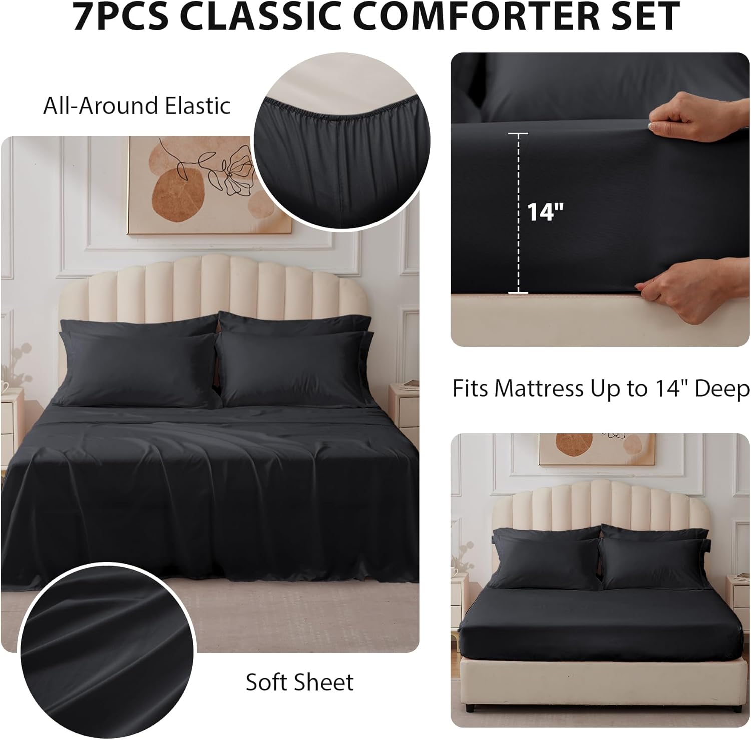 Thumbnail 1 de Velorose Queen Comforter Set Black – 7-Piece Bed in a Bag for All Seasons