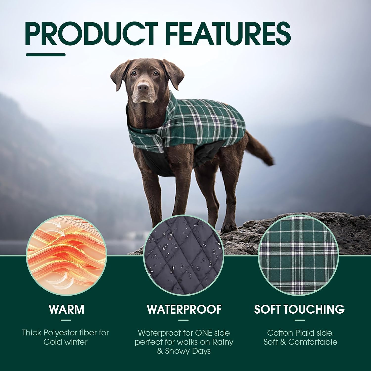 Detalle de Kuoser Kuoser-92972-Green-M Dog Coat, Reversible Fleece-Lined, Water-Resistant
