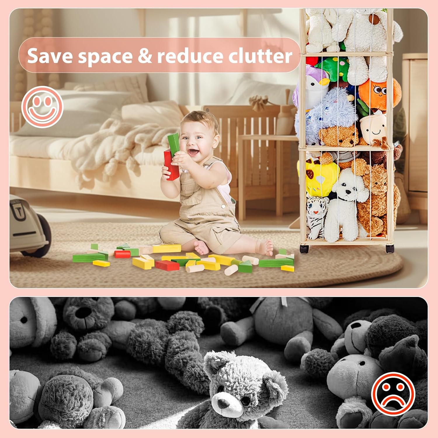 Detalle de Holz Kuscheltier Aufbewahrung mit 360°-Bremse-Rädern (150 x 40 x 40 cm) – Plüschtiere Regal für Kinderzimmer