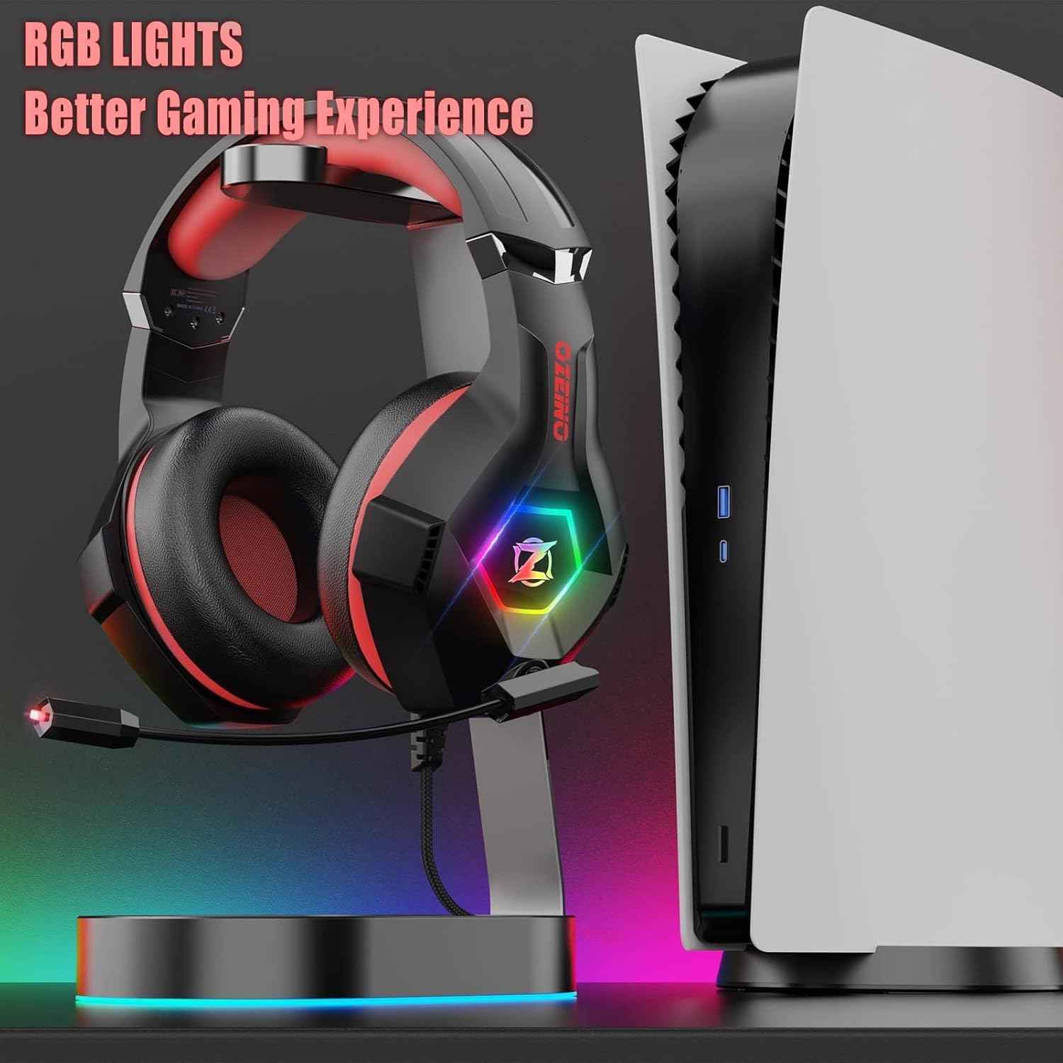 Detalle de Ozeino cuffie da gioco per PC, PS4/PS5 e Xbox con cancellazione del rumore, microfono flessibile e luce RGB (rosso)