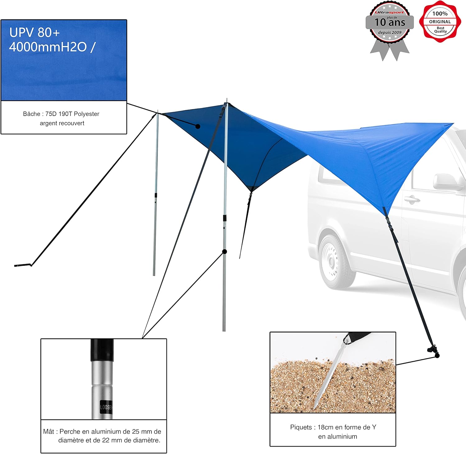Detalle 2 de Ultrasport Auvent de voiture – protection solaire et pluie pour voiture, fourgon et camping-car (bleu)