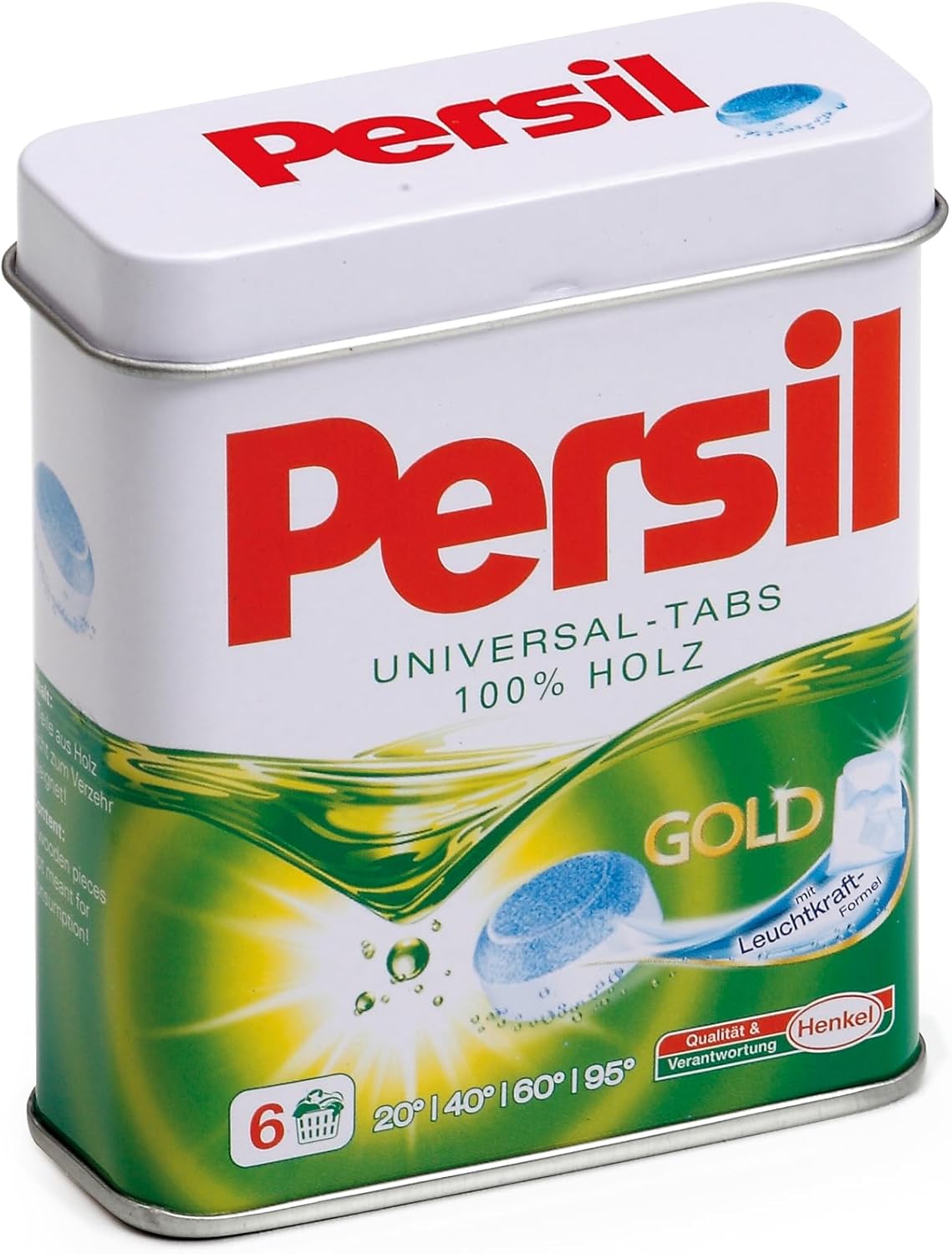 Fausses tablettes de lessive en bois Persil – Erzi (6 pièces) pour jeu de marchande, boîte métallique