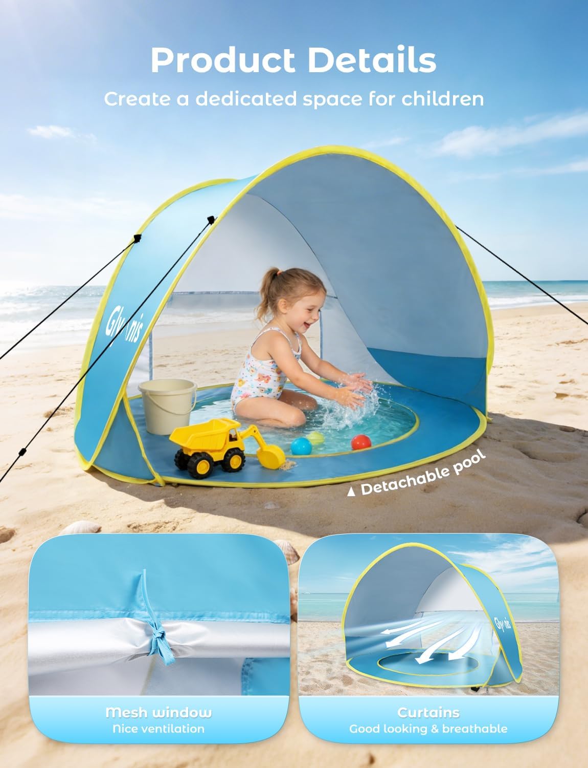 Thumbnail 1 de Glymnis Pop Up Baby Beach Tent with Mini Pool, Portable UV Protection Sun Shelter (UPF 50+)