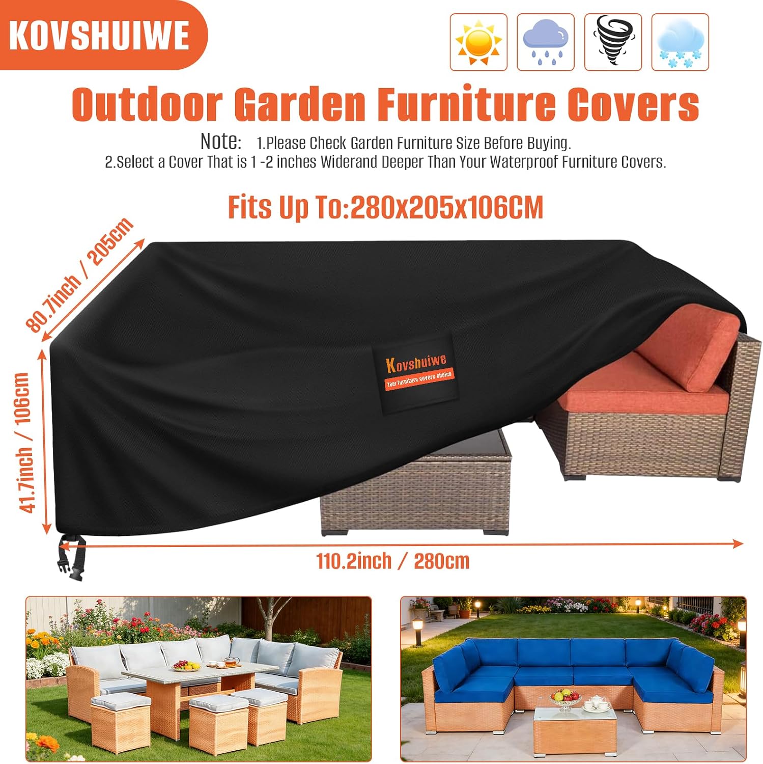 Detalle 2 de Kovshuiwe Copertura per mobili da giardino 280x205x106 cm – Oxford 420D, antivento, anti-UV, impermeabile