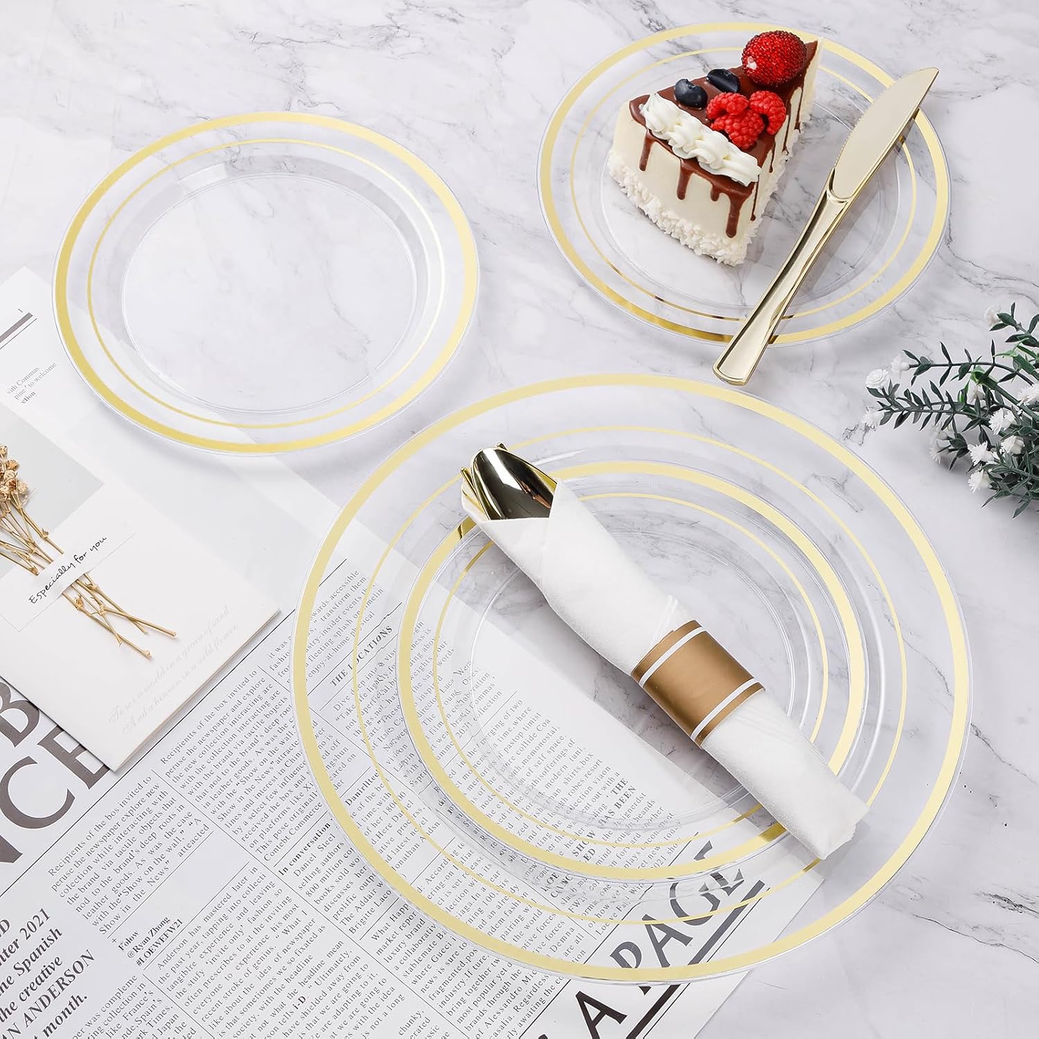 Detalle de BESTVIP TMQJS-350 350-Piece Dinnerware Set for 50 Guests, White and Gold