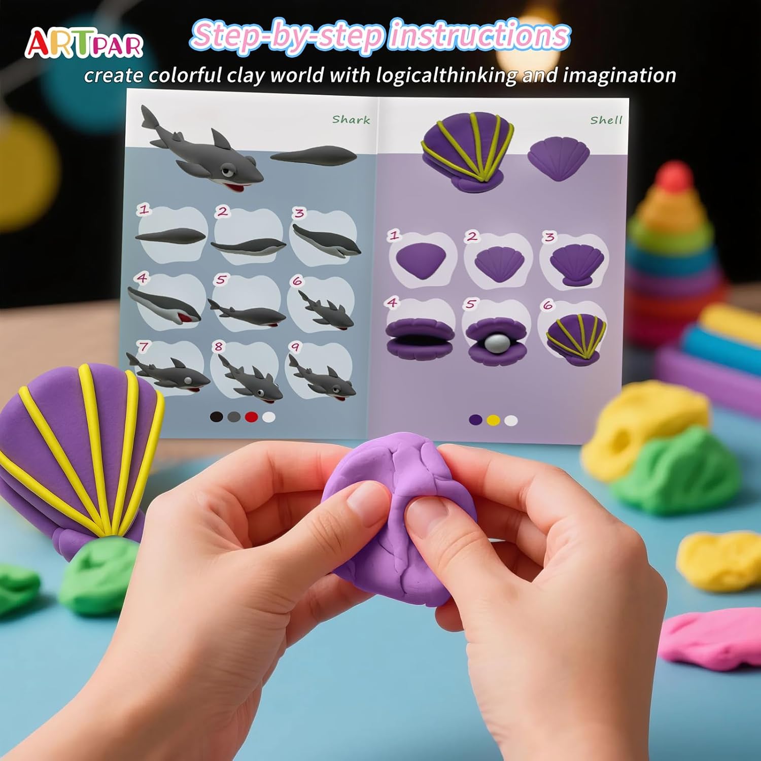 Thumbnail 4 de ARTPAR Air-Dry Clay Kit for Kids: 12 Marine Animals Modeling Set with 4-Color Tins