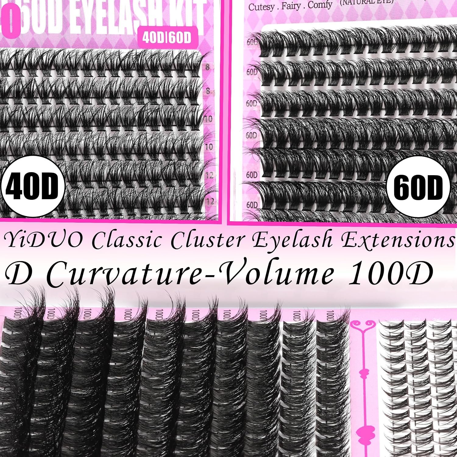 Thumbnail 1 de YIDUO 4 Styles Lash Clusters Kit (40D/60D/80D/100D) with Spikes & Bottom Clusters, 2X Bond & Seal