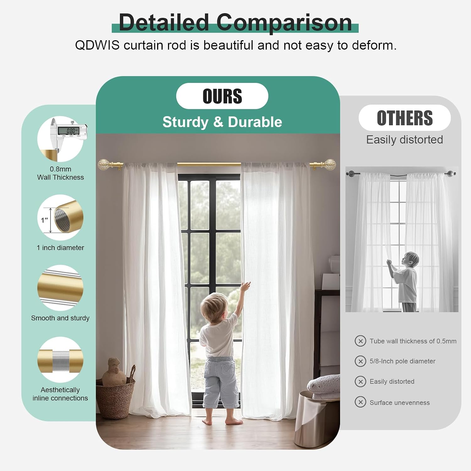Detalle de QDWIS CA-QD-01-GD-36-120 Boho Gold Curtain Rod, 66–120 in, Leaf Finials