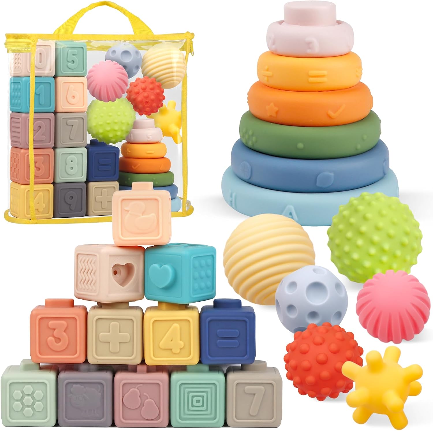 Detalle de Plunack 24 Pack Montessori Toys: soft building blocks, teething squeeze toys & sensory balls