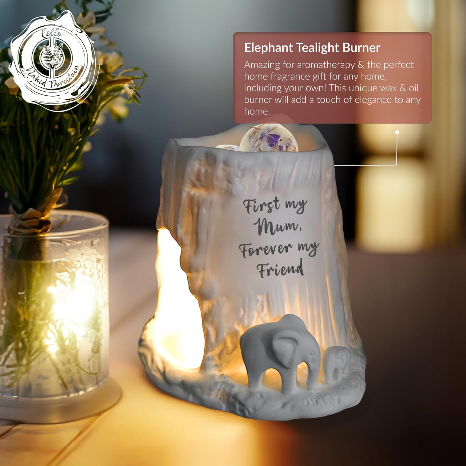Thumbnail 1 de Elephant Tealight Burner by Cello: porcelain candle holder gift for “First my mum, forever my friend”