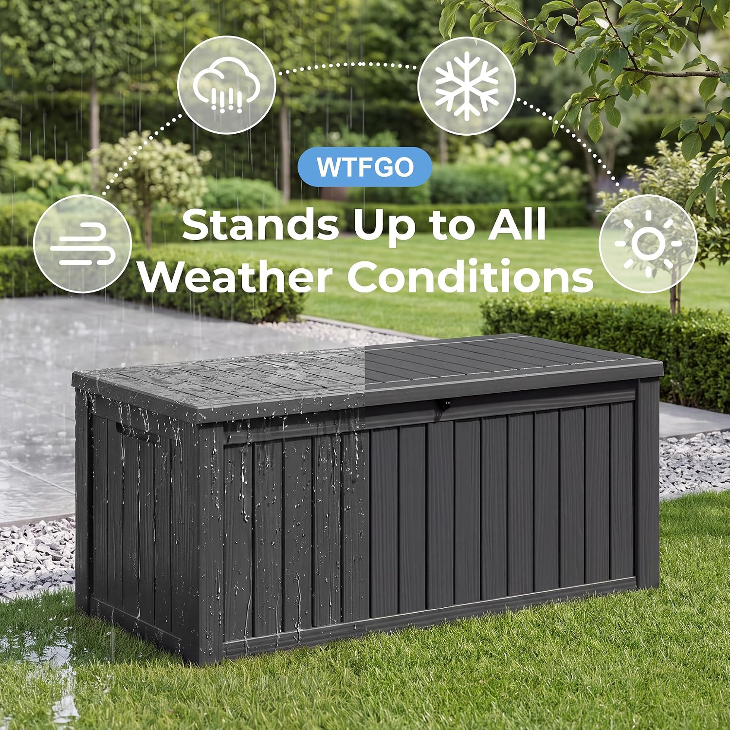 Detalle de WTFGO 160-Gallon Outdoor Storage Box, Waterproof Black Resin Deck Box