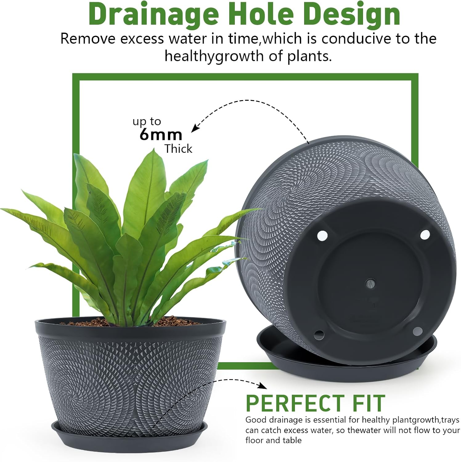 Detalle de Quarut 10-Inch Plastic Planters, 3-Pack with Drainage Holes and Saucers, Gray