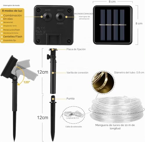 Detalle 2 de Auting Cadena Luces Solares Exterior 10M 100LED 8 Modos Blanco Cálido