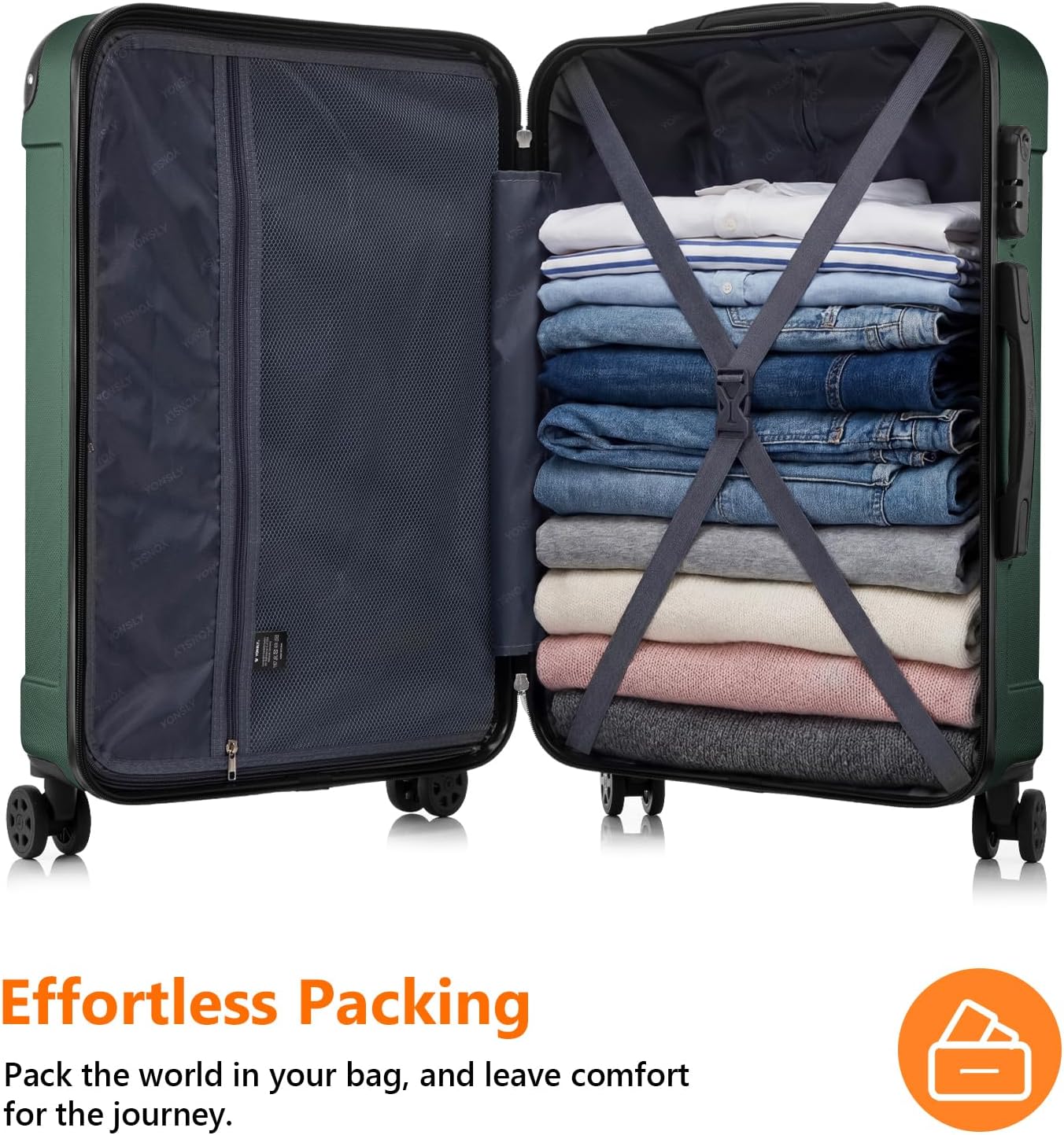 Thumbnail 6 de YONSLY Gepäck Suitcase – Kabinenkoffer, Hartschalenreiskoffer mit 360° Rollrollen, Zahlenschloss und Teleskopgriff (Größe M, Dunkelgrün)