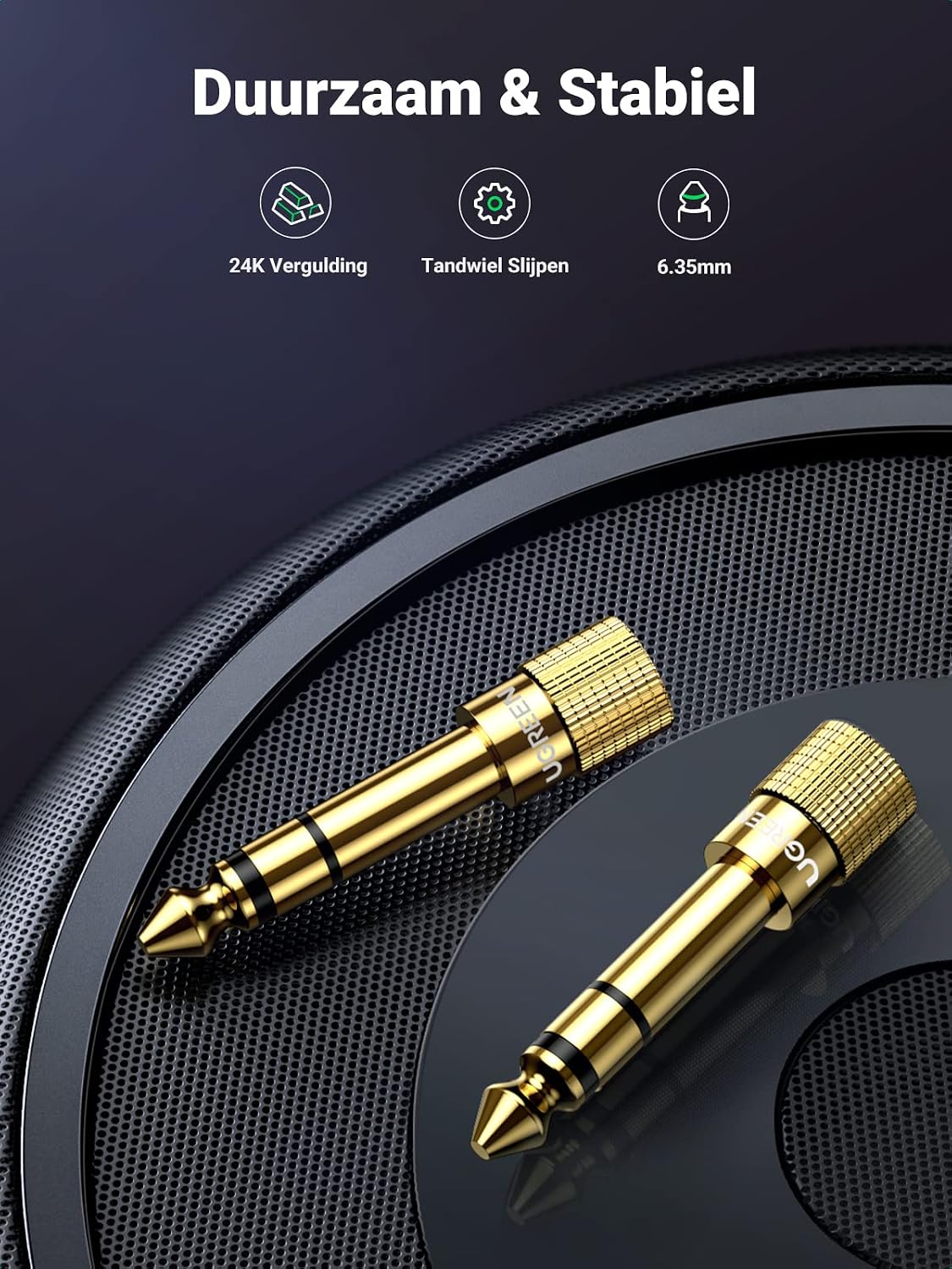 Detalle de UGREEN 6,35mm-naar-3,5mm-jackadapter met vergulde contacten