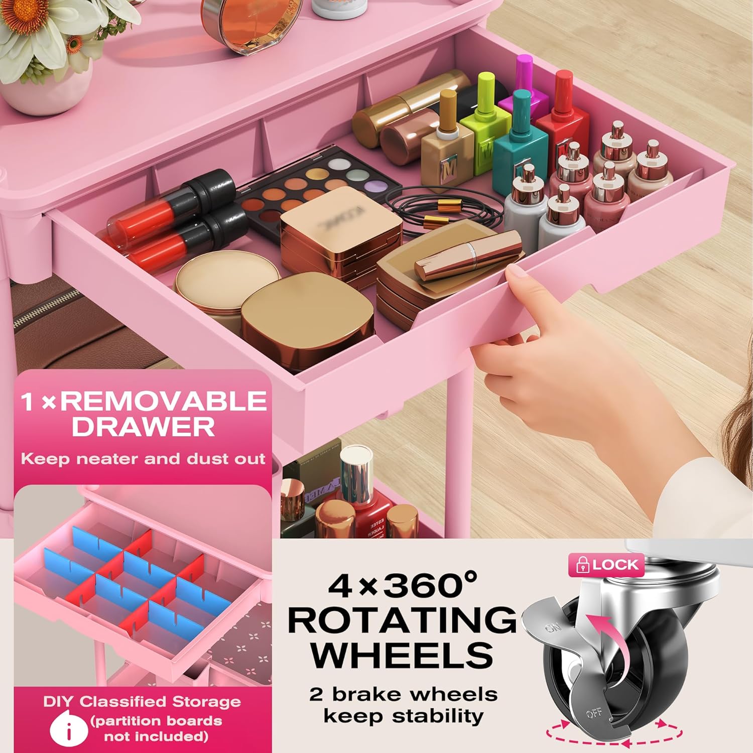 Thumbnail 2 de Goovilla Rolling Makeup Organizer Cart with Removable Drawer (3-Tier, Lockable Wheels)