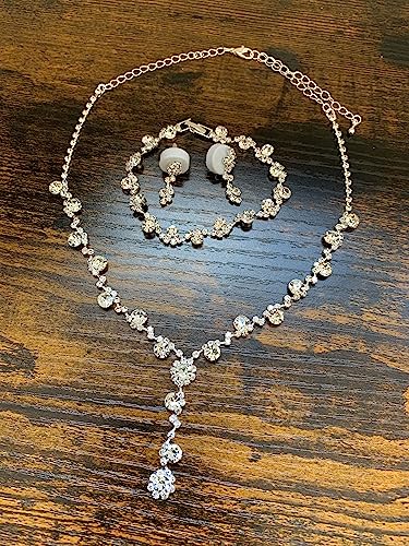 Detalle de ONDEGO 3er Set Silber Strass Schmuck – Halskette, Ohrringe & Armband für Hochzeit, Kommunion und Ball