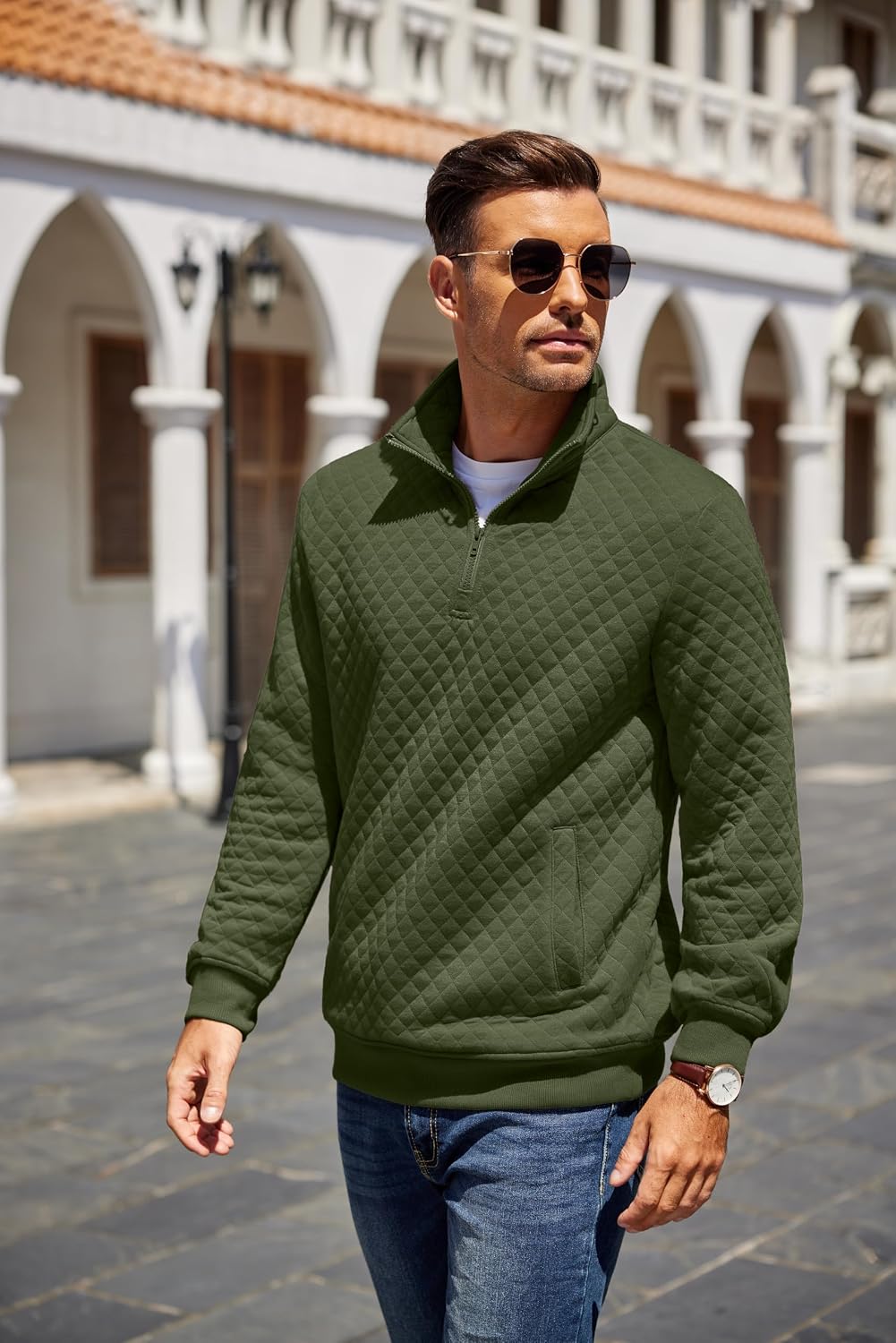 Detalle de COOFANDY Men's Quilted Quarter-Zip Pullover with Mock Neck and Pocket