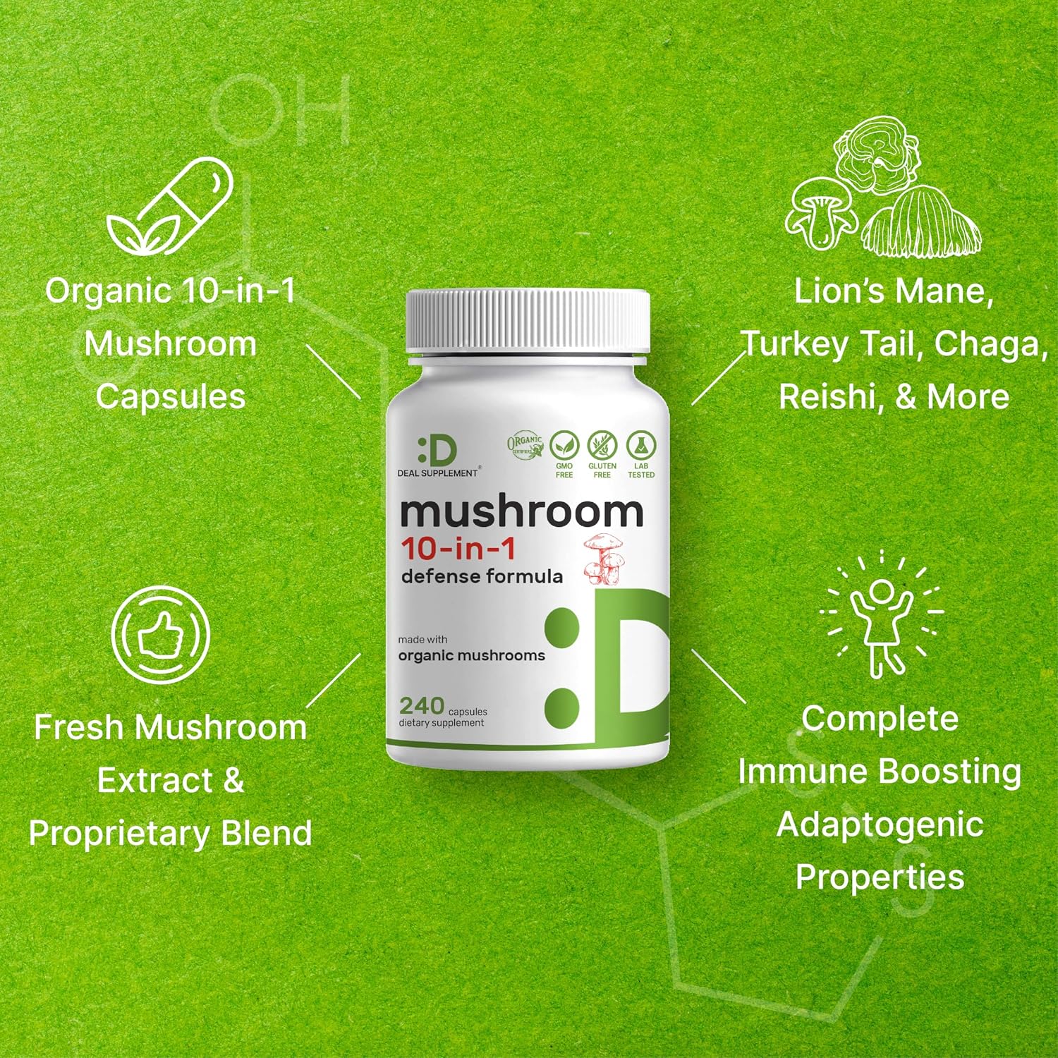 Detalle de Organic Mushroom Supplement, 240 Capsules