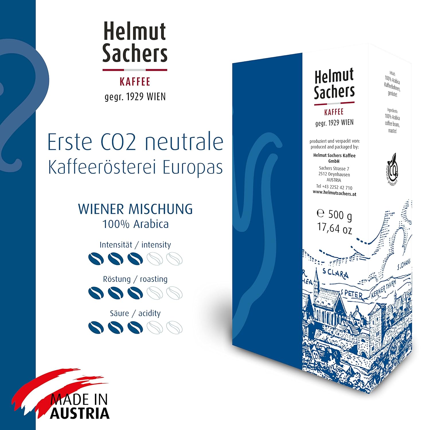 Detalle de Helmut Sachers Kaffee Wiener Mischung – 100% Arabica, gemahlen, Intensität 3/5, 6 x 500 g