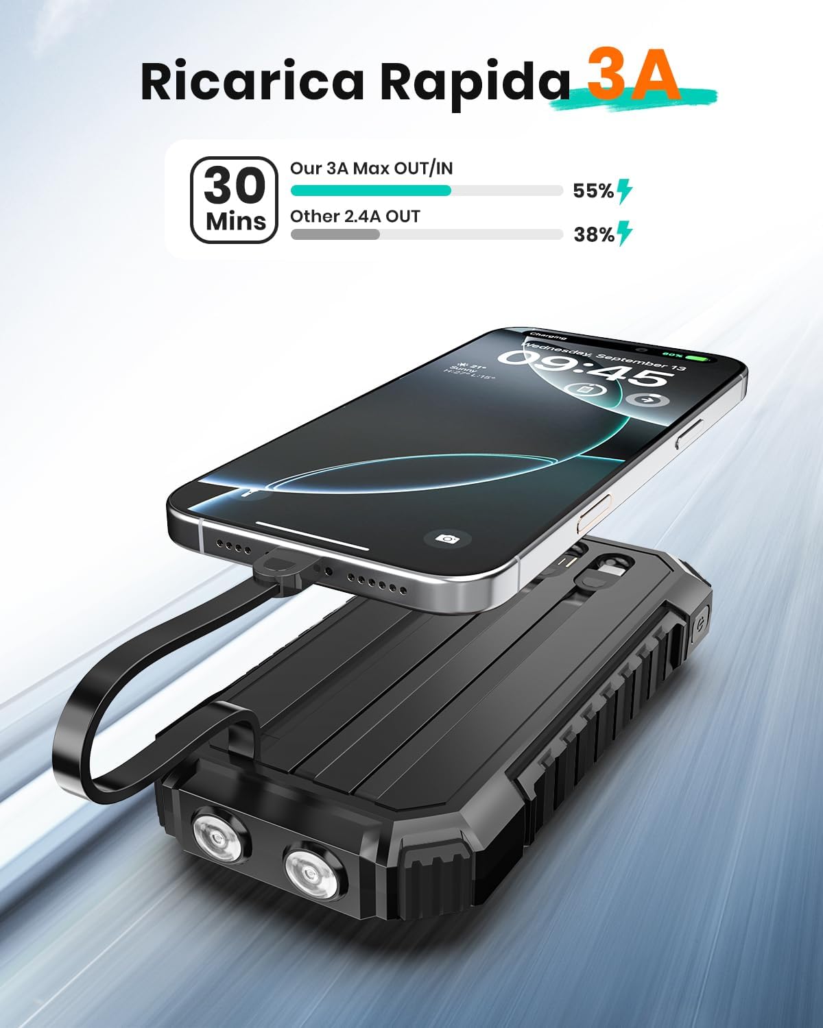 Detalle de Power Bank Solar 20000mAh 15W con cavi integrati e torcia LED – Caricatore rapido portatile per iPhone e Android