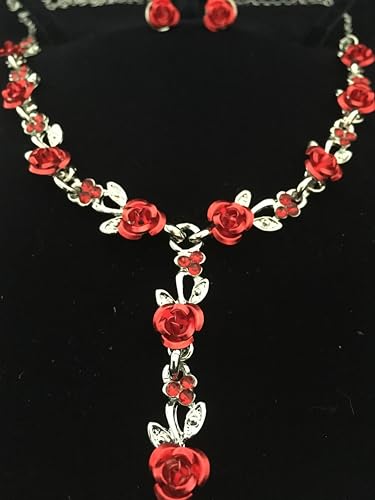 Thumbnail 7 de ONDEGO Schmuckset Rot Blumen Silber – Collier, Ohrringe und Strass für Hochzeit und Fest